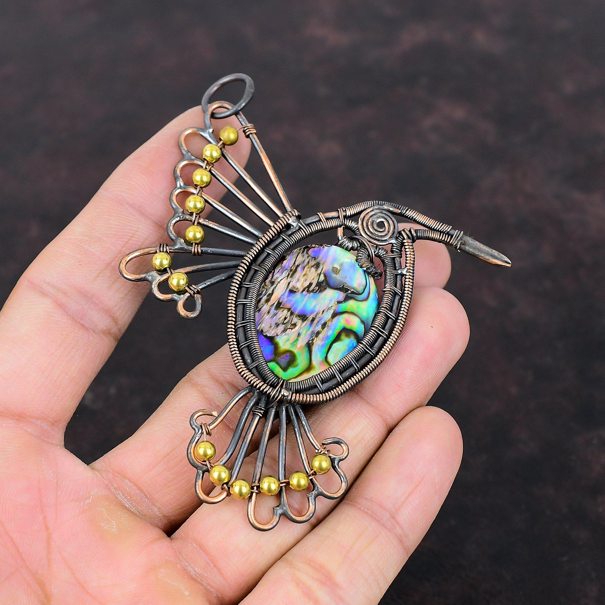 Abalone Shell Pendant Copper Wire Wrapped Pendant Handmade Jewelry Beautiful Gemstone Pendant Copper Wire Jewelry Bird Pendant Gift For Mom