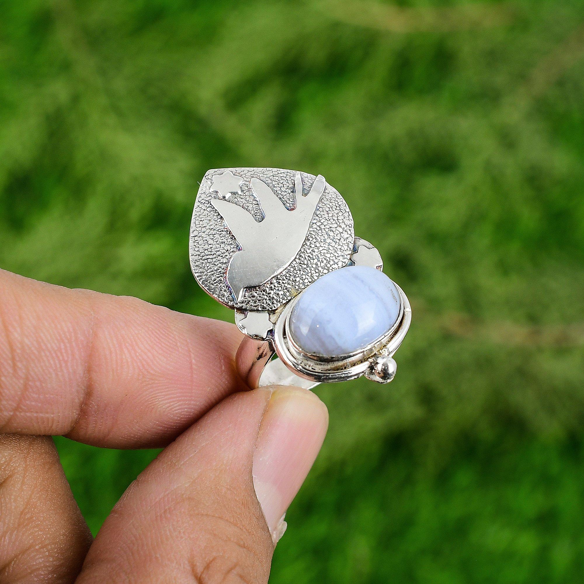 Natural Blue Lace Agate 925 Silver Promise Bird Adjustable Ring For Girls