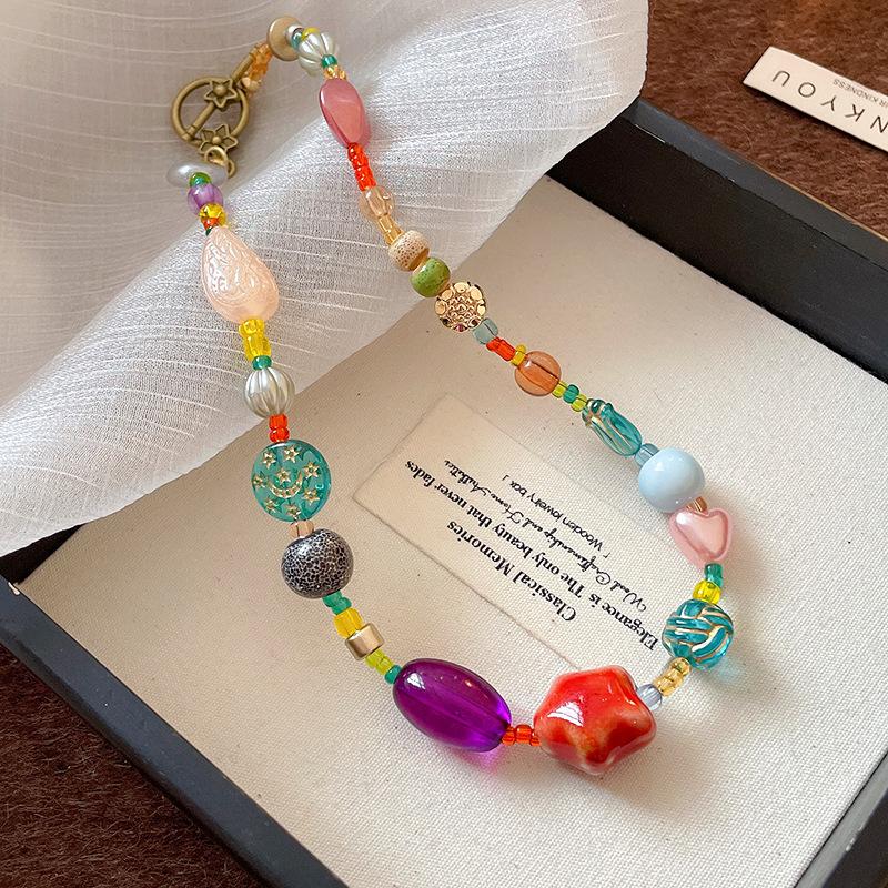 Dopamine Colorful Beads Choker Necklace for Women Ceramic Glass Star Heart Clavicle Chain Jewelry Gift