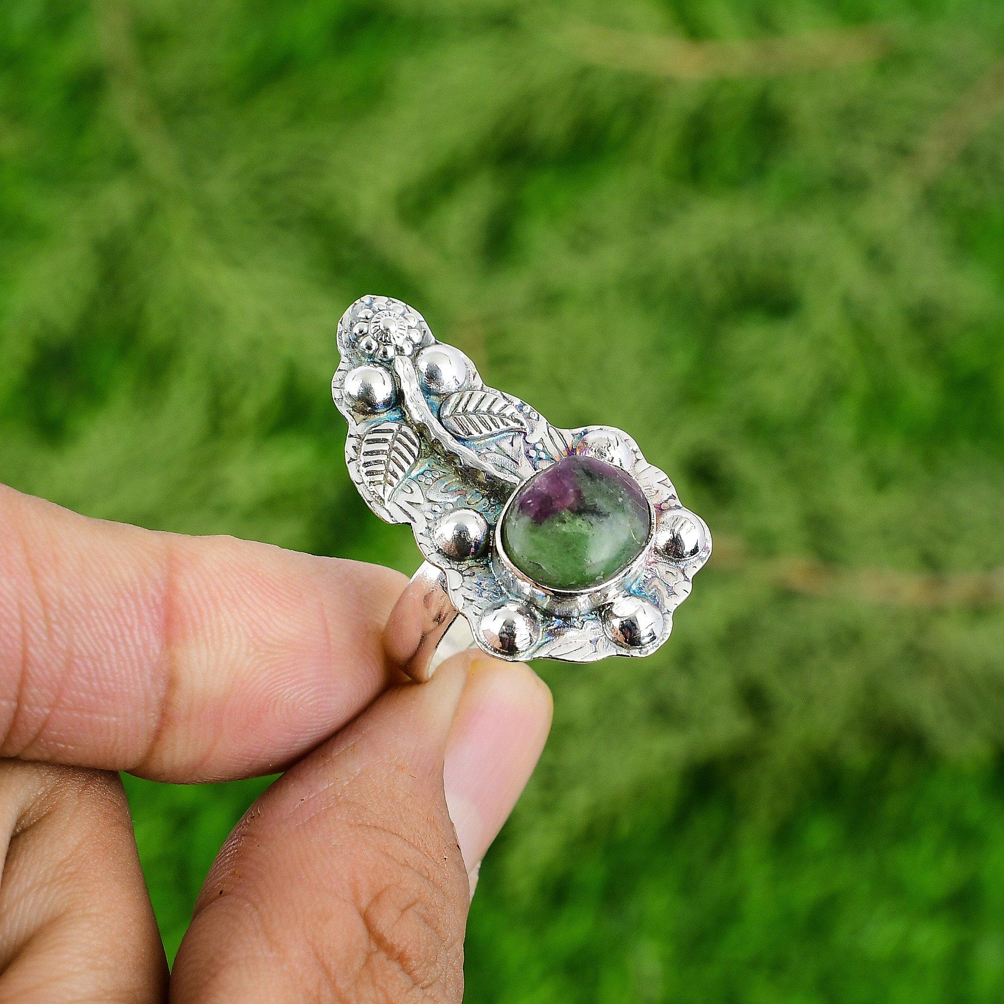 Round Ruby Zoisite Stone Handmade Stackable Flower Ring Jewelry Sterling Silver