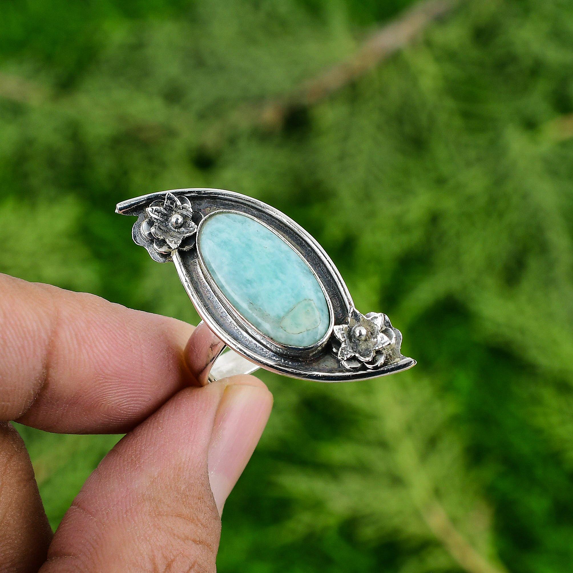 Natural Amazonite Gemstone 925 Silver Solitaire Flower Adjustable Ring For Girls