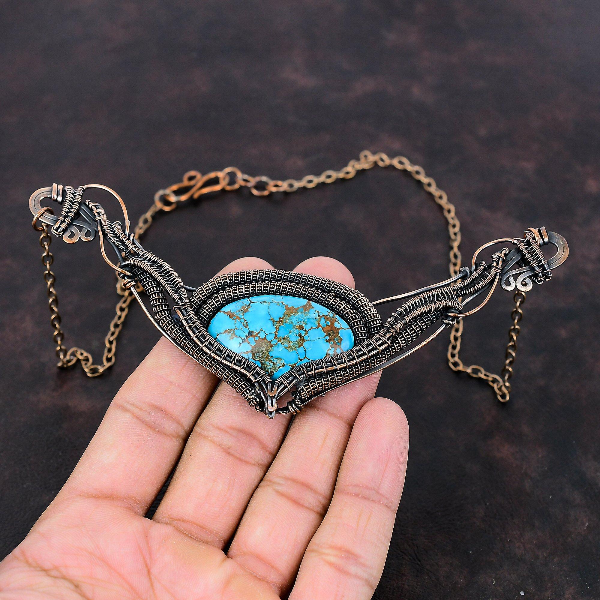 Tibetan Turquoise Necklace Copper Wire Wrapped Necklace Gemstone Copper Jewelry Adjustable Chain  Necklace Handmade Necklace Gift For Women