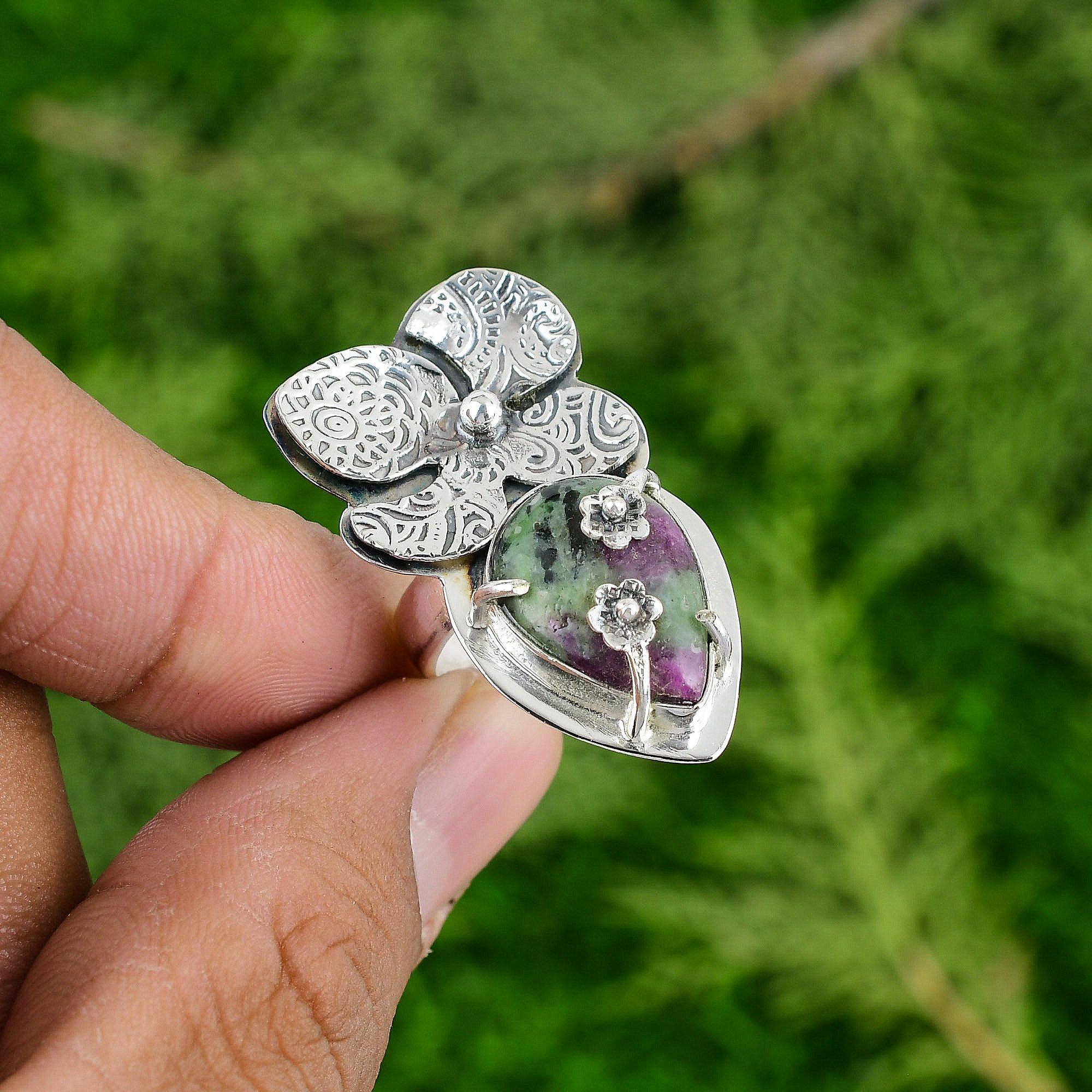 Thanks Giving Day Sale 925 Sterling Silver Pear Ruby Zoisite Gemstone Bezel Ring
