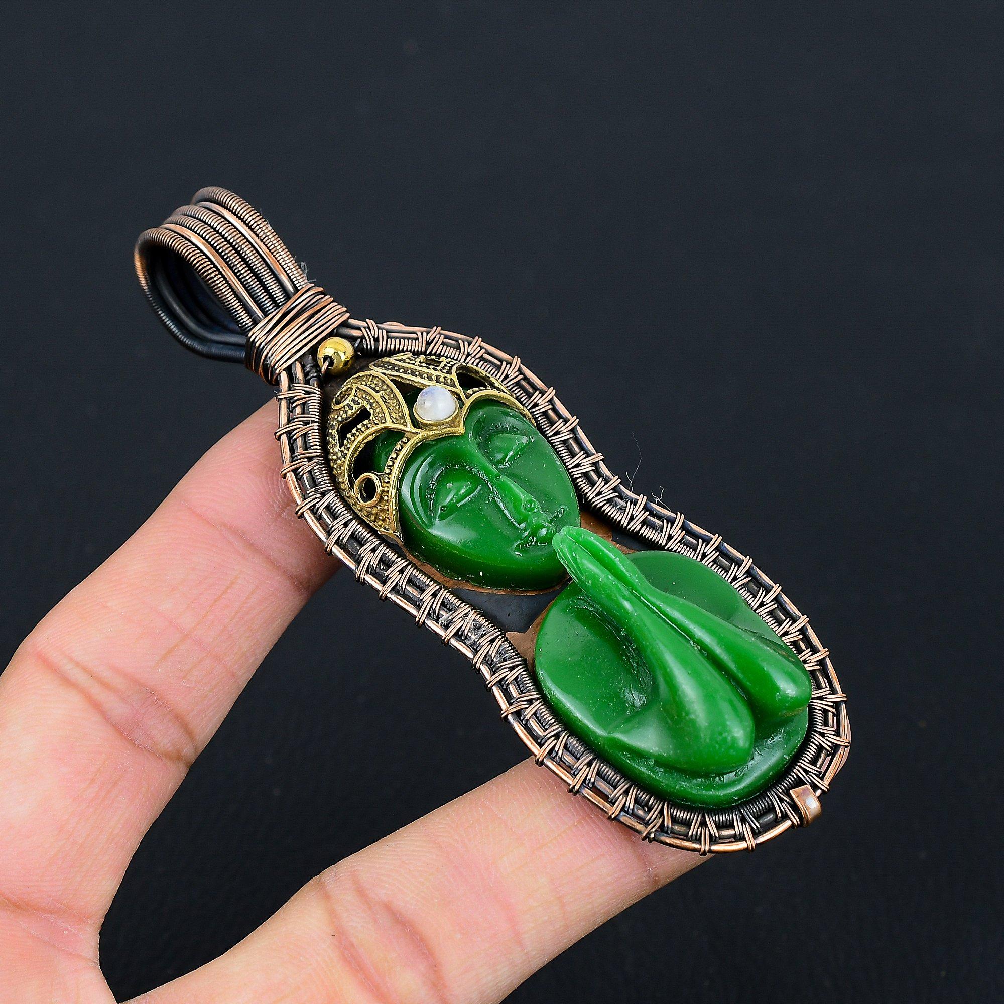 Green Praying Lady Gemstone Pure Copper Wire Wrapped Handmade Pendant Jewelry