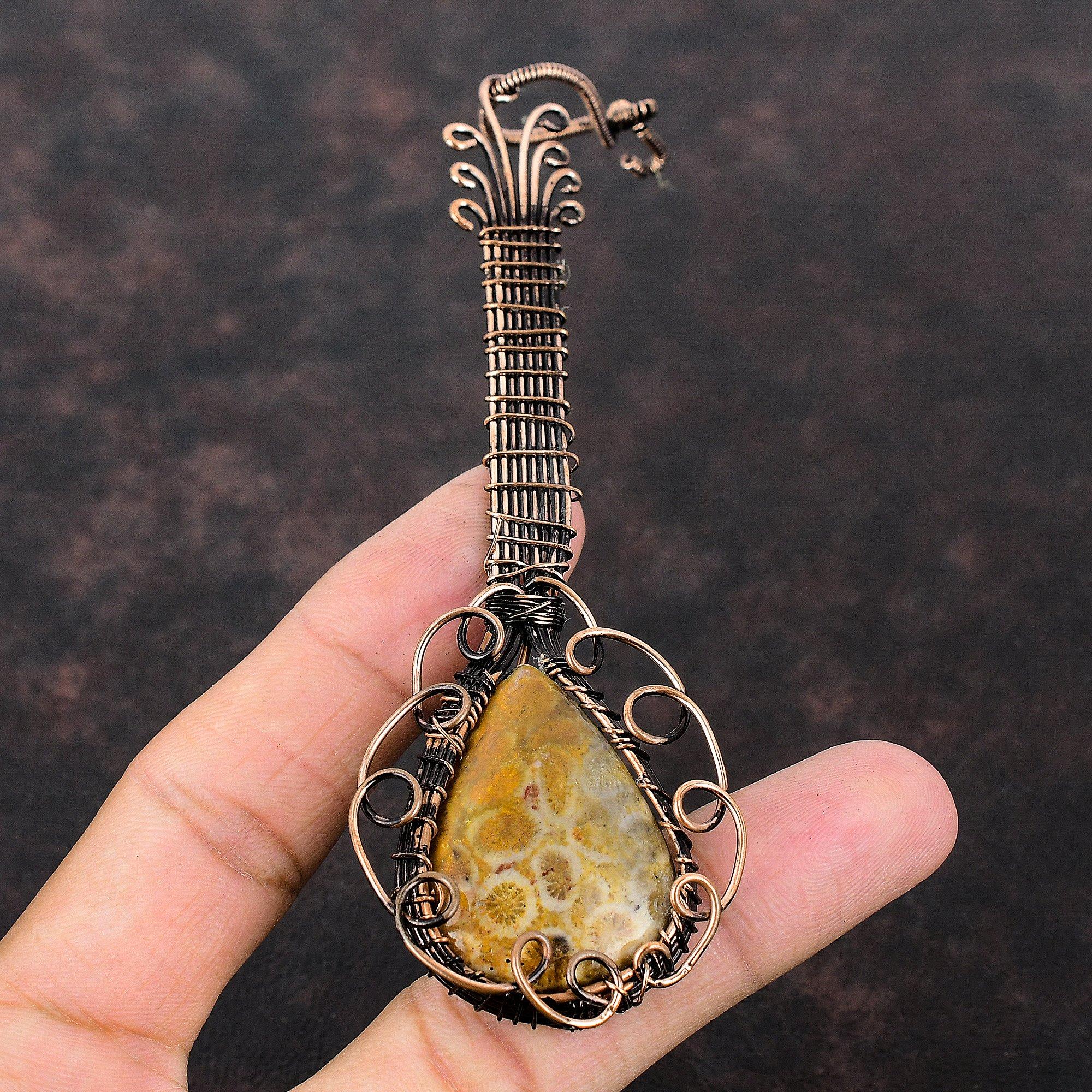 Fossil Coral Copper Pendant Wire Wrapped Gemstone Pendant Guitar Pendant For Gift Designer Jewelry Handmade Pendant Music Instrument Jewelry