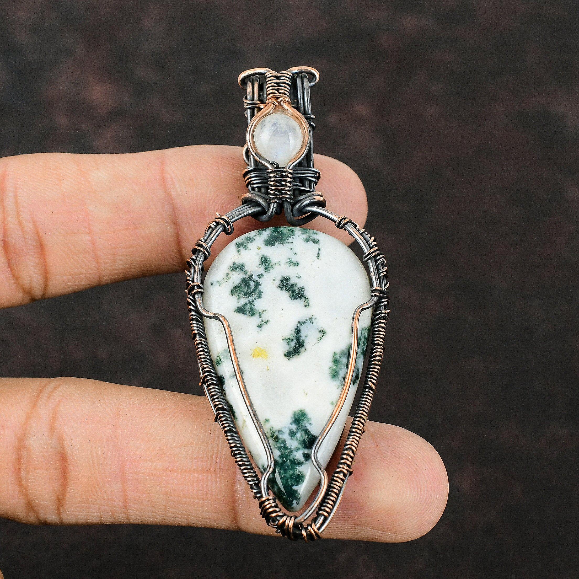 Moss Agate Pendant Copper Wire Wrapped Pendant Rainbow Moonstone Pendant Handmade Jewelry Wrapped Gemstone Pendant Moss Agate Copper Jewelry