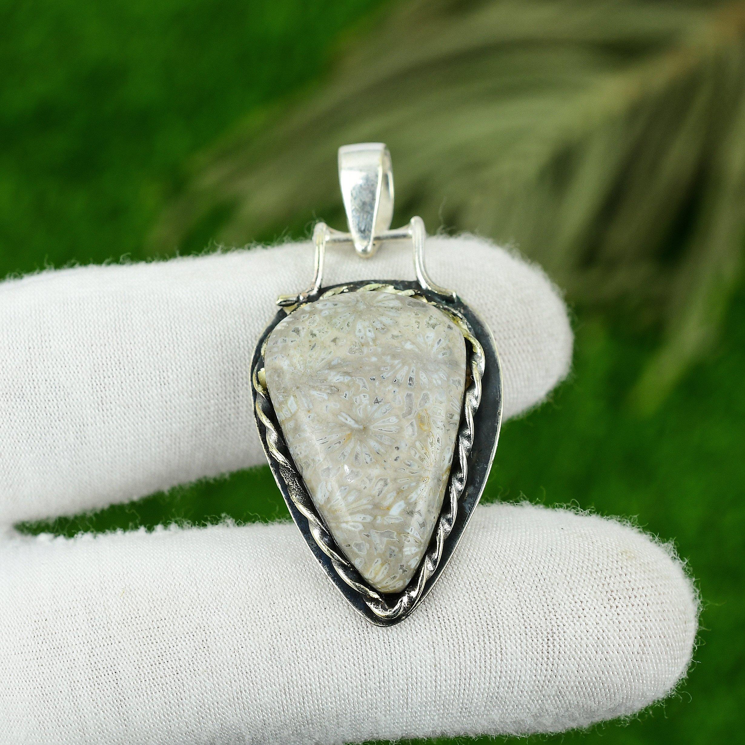 Natural Fossil Coral Handmade Bezel Boho Handcrafted Pendant Jewelry 925 Silver
