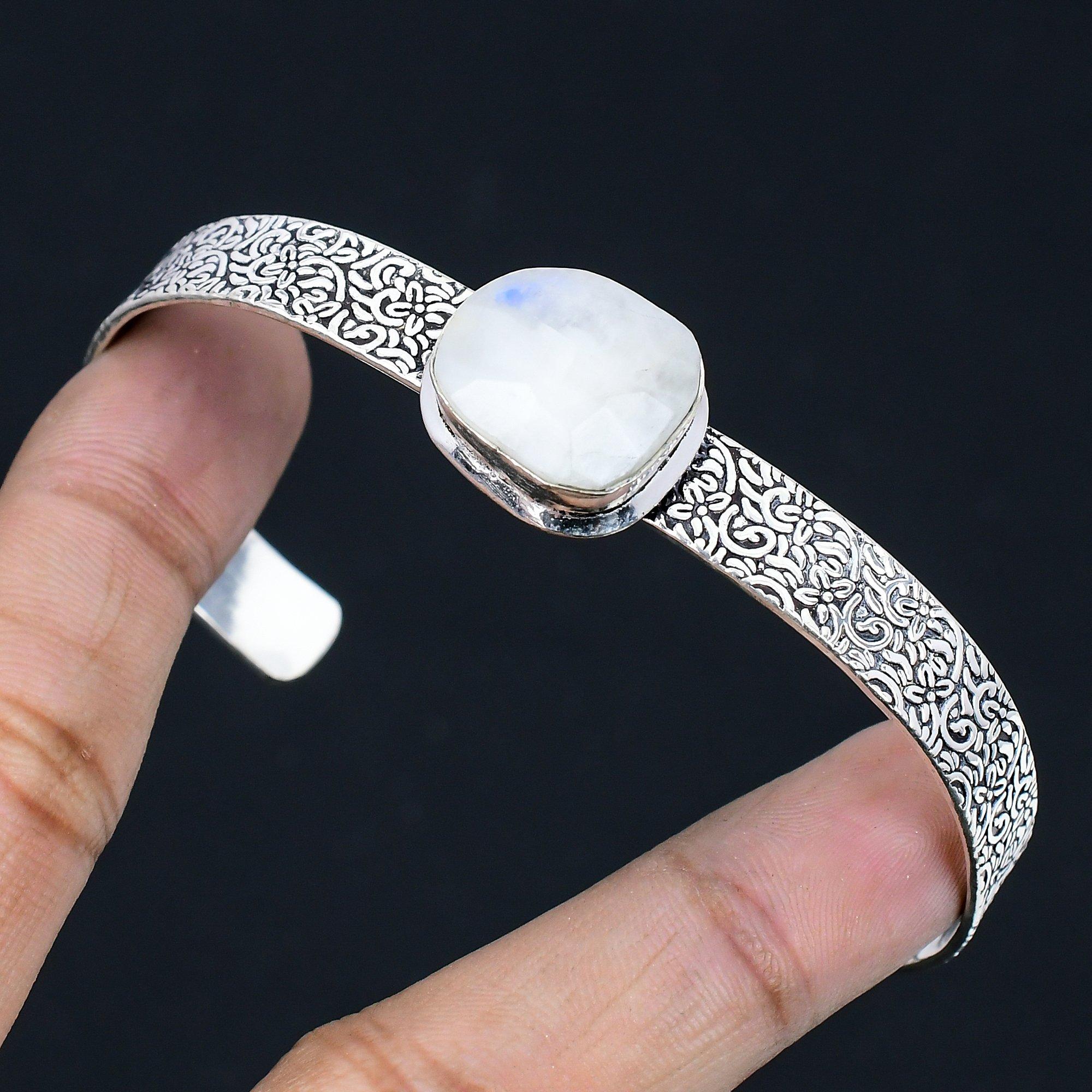 925 Sterling Silver Crown Chakra Natural Rainbow Moonstone New Bangle Bracelet