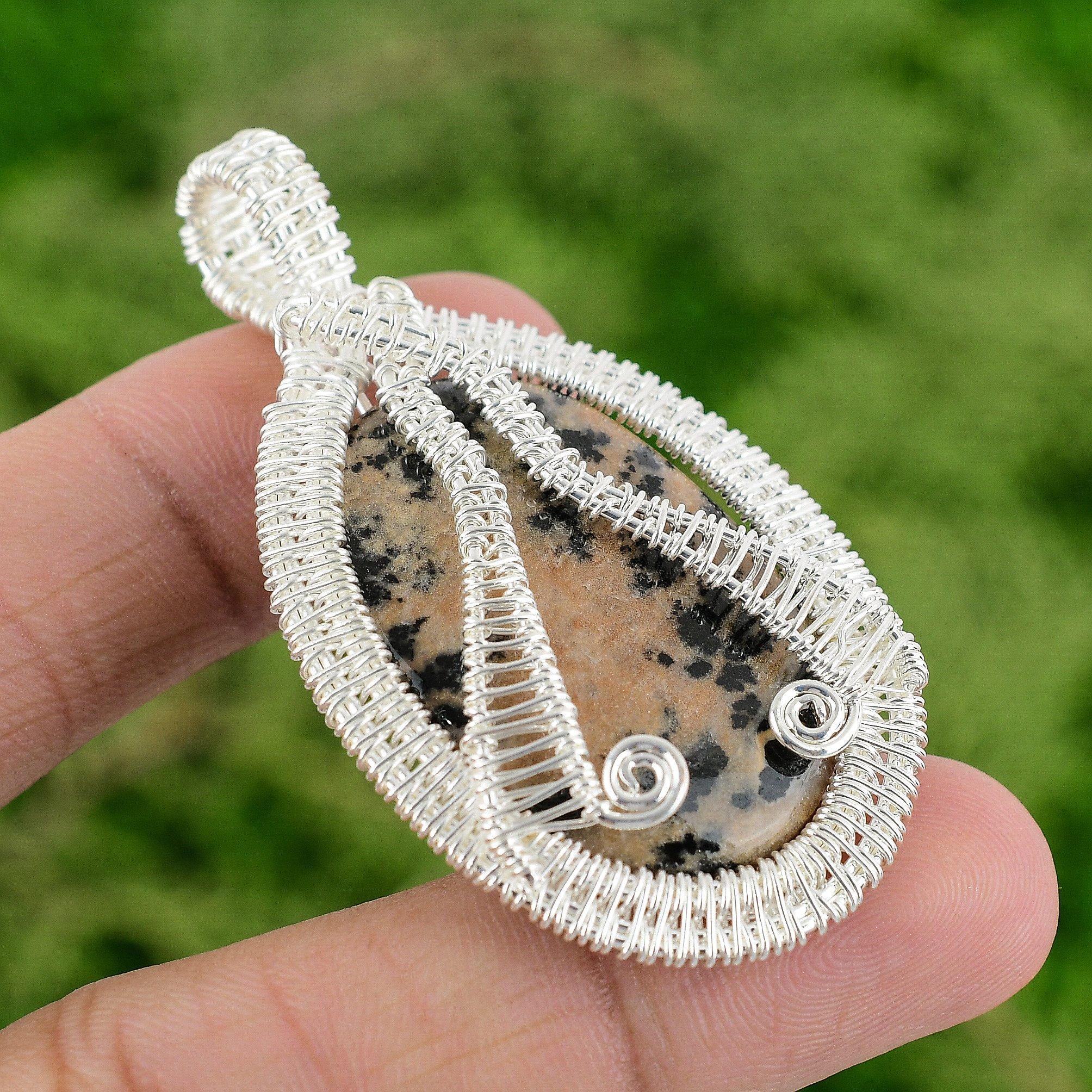 Oval Honey Dendrite Opal Stone Wife Wire Wrapped Pendant Jewelry Sterling Silver