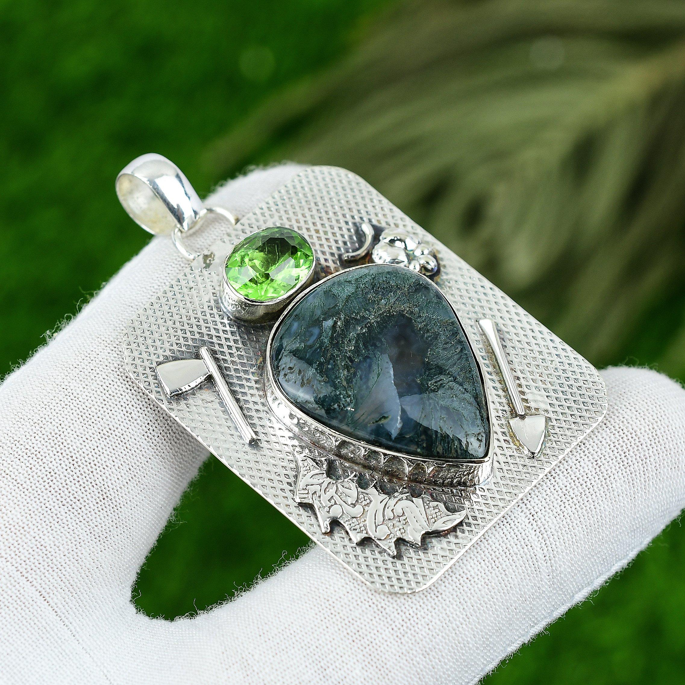 Pingente de Pedra Natural Ágata Musgo Solar Verde Joia de Prata Esterlina 925