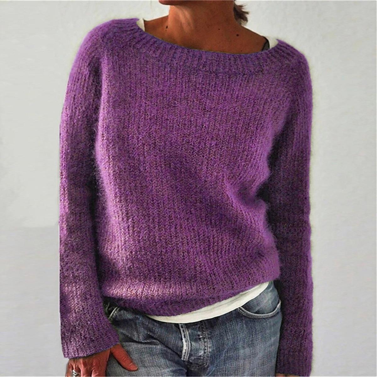 Women's Style, Sweater, Solid Color, Knitted Sweater, Long Sleeved, Spliced, Pullover, Comfortable, Casual Top, Round Neck