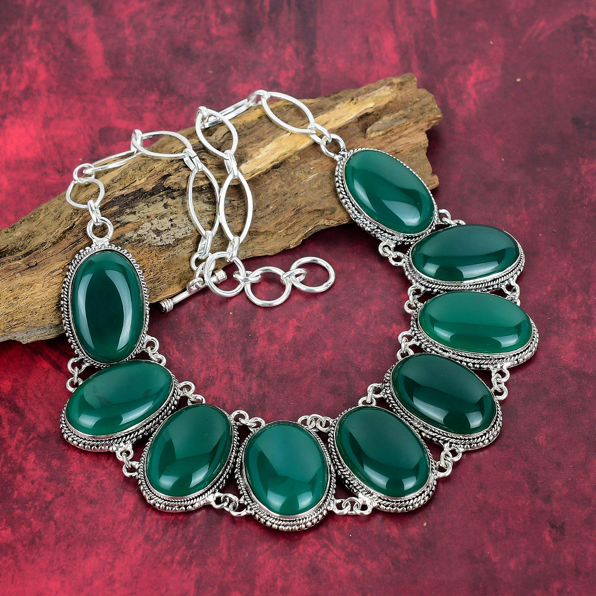 Collar de Ónix Verde Plata de Ley 925 Sólida con Cadena Ajustable, Collar de Joyería de Piedras Preciosas Hecho a Mano Para el Día de los Caídos