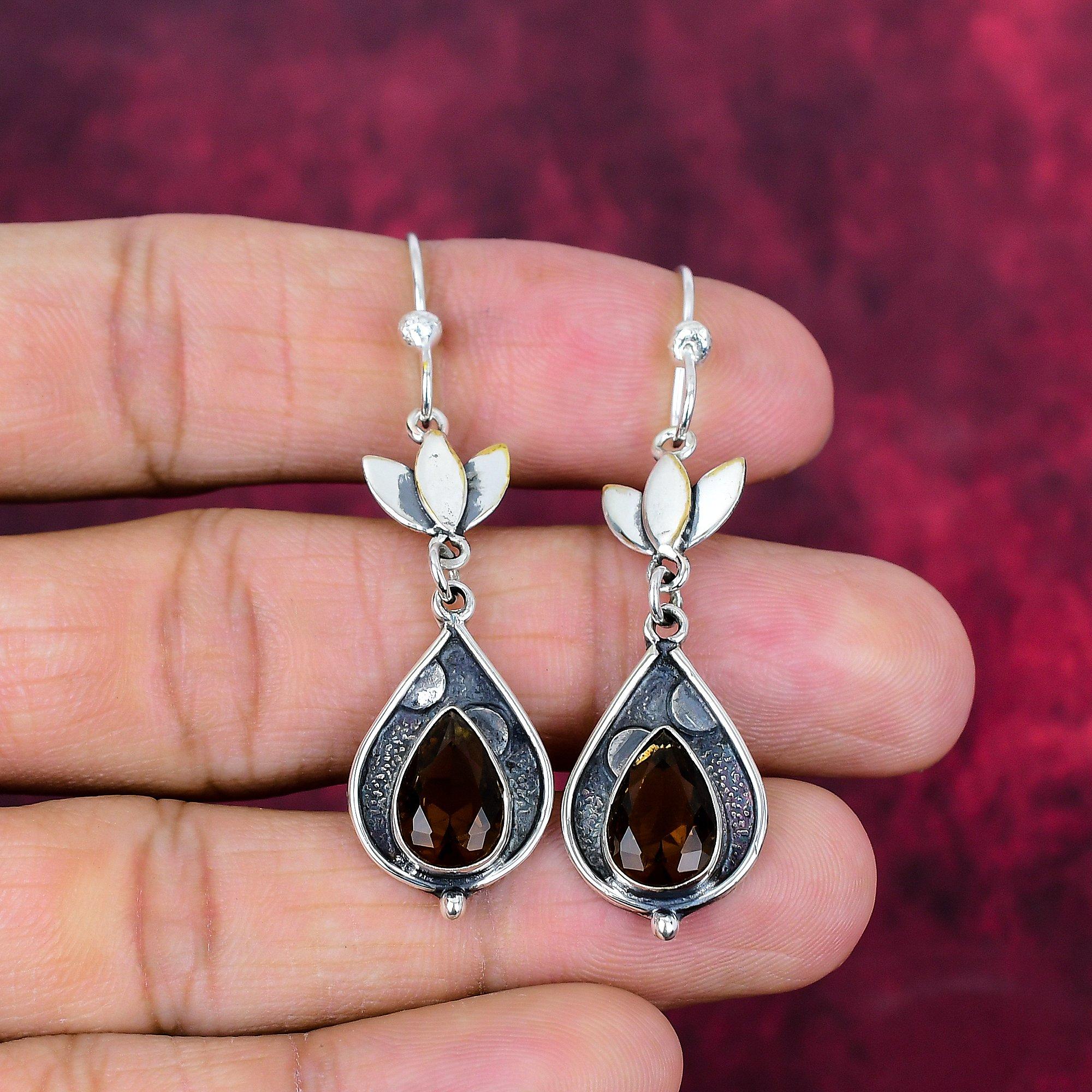 Rökig Topas Handgjorda Ädelstensörhängen, 925 Massiv Sterling Silver Örhängen Antika Smycken, För Förlovningspresent