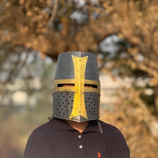 Cască Cavaler Cruciat Gri Templier Cască Mare Medievală, Larp Cosplay, Oțel Făcut Manual, Alamă Obiect de Colecție Cadou
