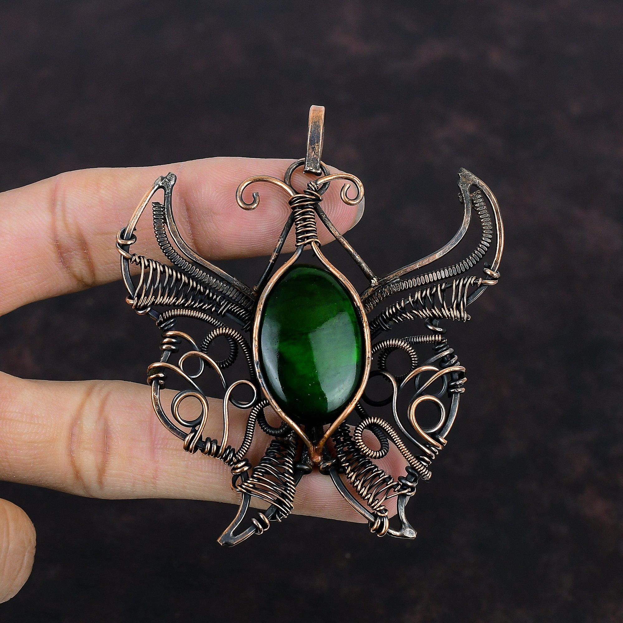 Green Fire Labradorite Pendant Copper Wire Wrapped Pendant Handmade Pendant Copper Jewelry Gemstone Pendant Butterfly Jewelry Gift For Women