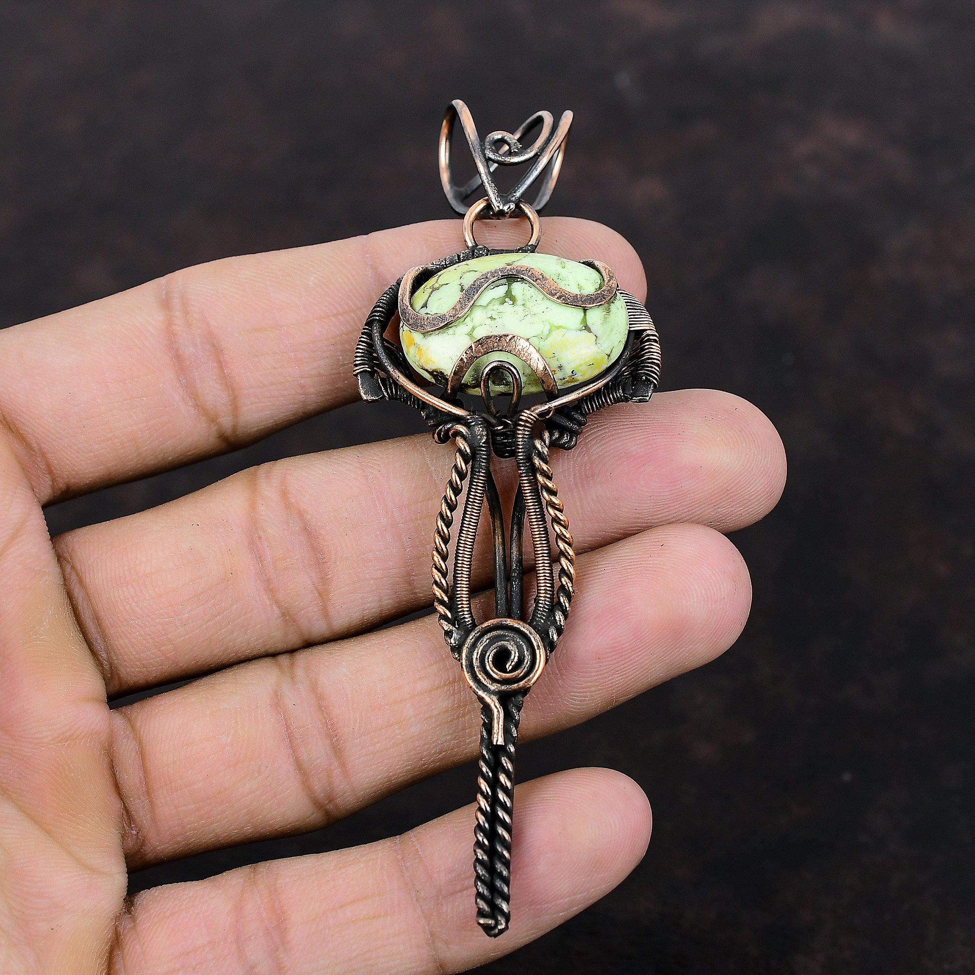 Lemon Chrysoprase Pendant Copper Wire Wrapped Pendant Gemstone Pendant Copper Jewelry Handmade Unique Pendant Wire Wrap Jewelry Wedding Gift