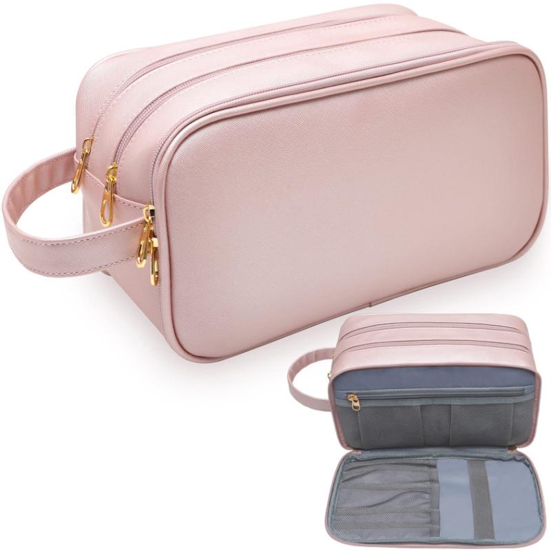 Three-layer Leather Waterproof Wash Bag Solid Color Shaving Bag Skin Care Storage Pack Portable Cosmetic Bags for Men and Women