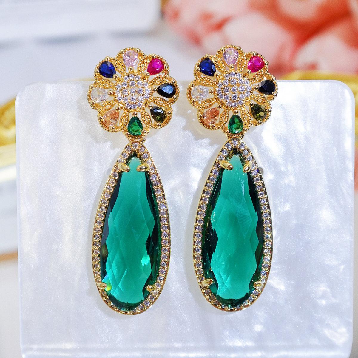 WWJ Unique Sense Of Plant Flower Design Long Light Green Pendant Earrings Heavy Industry Zircon Ladies Party Jewelry