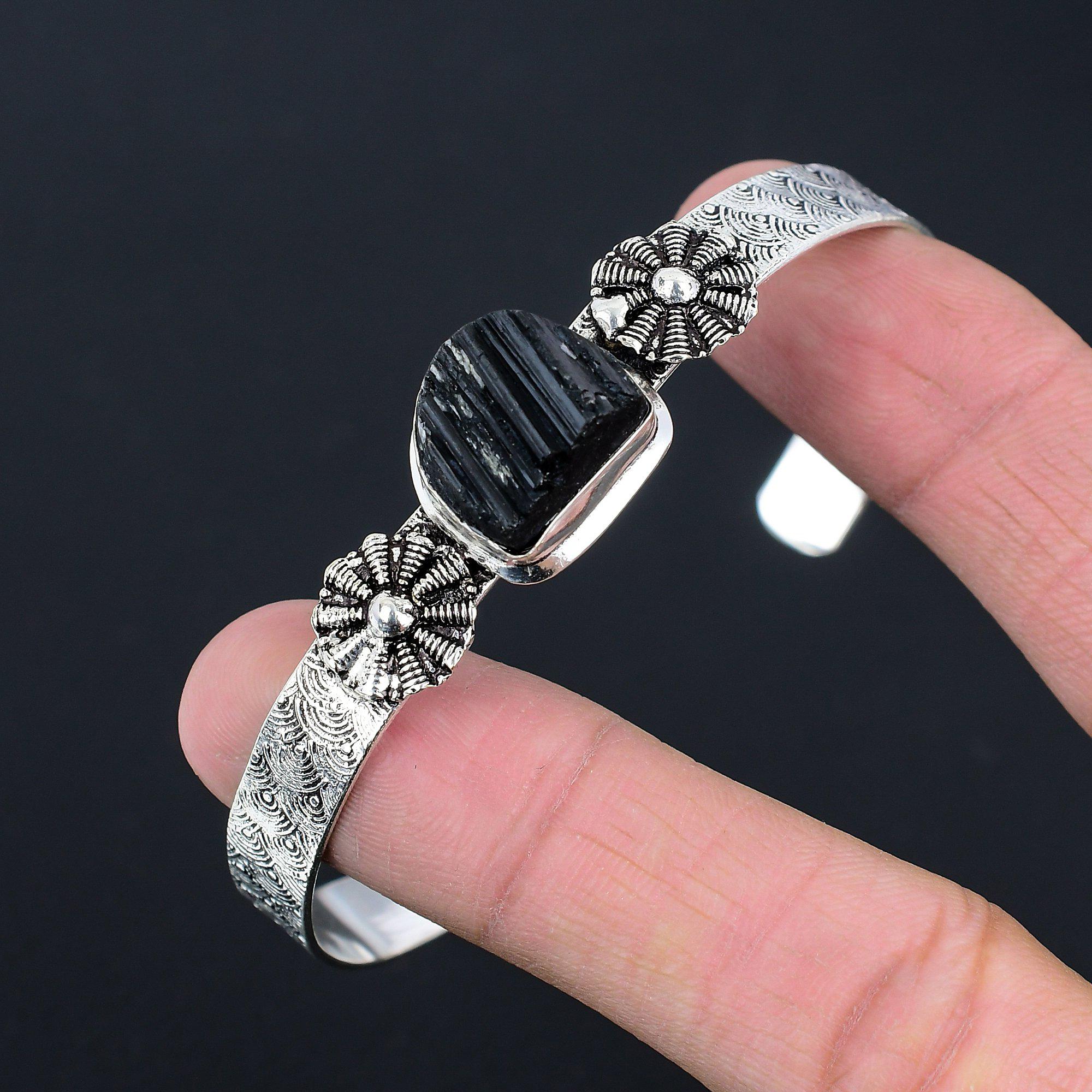 Gift For Women Bangle Adjustable 925 Silver Natural Black Tourmaline Rough
