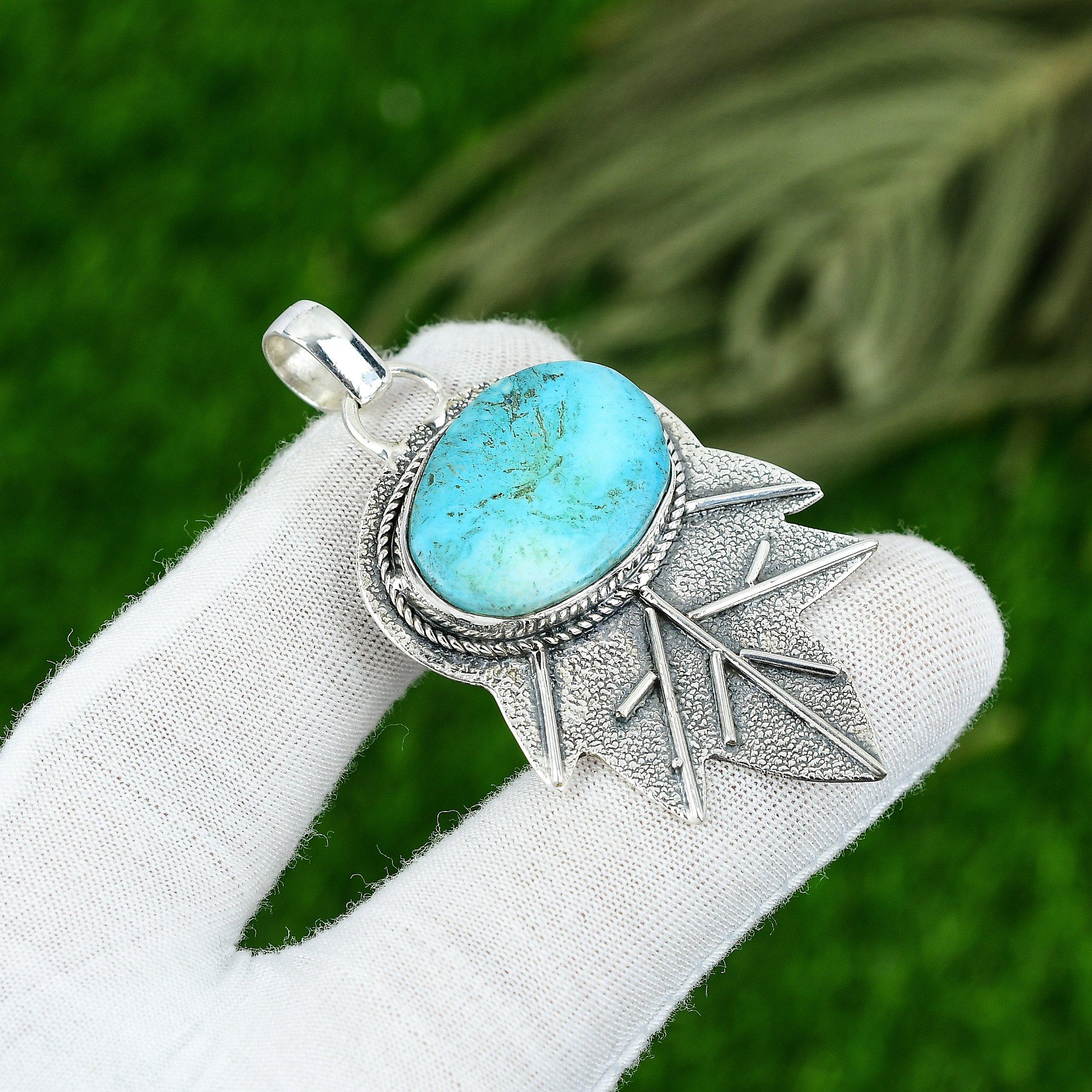 Natural Tibetan Turquoise Gemstone Pendant 925 Sterling Silver Indian Jewelry