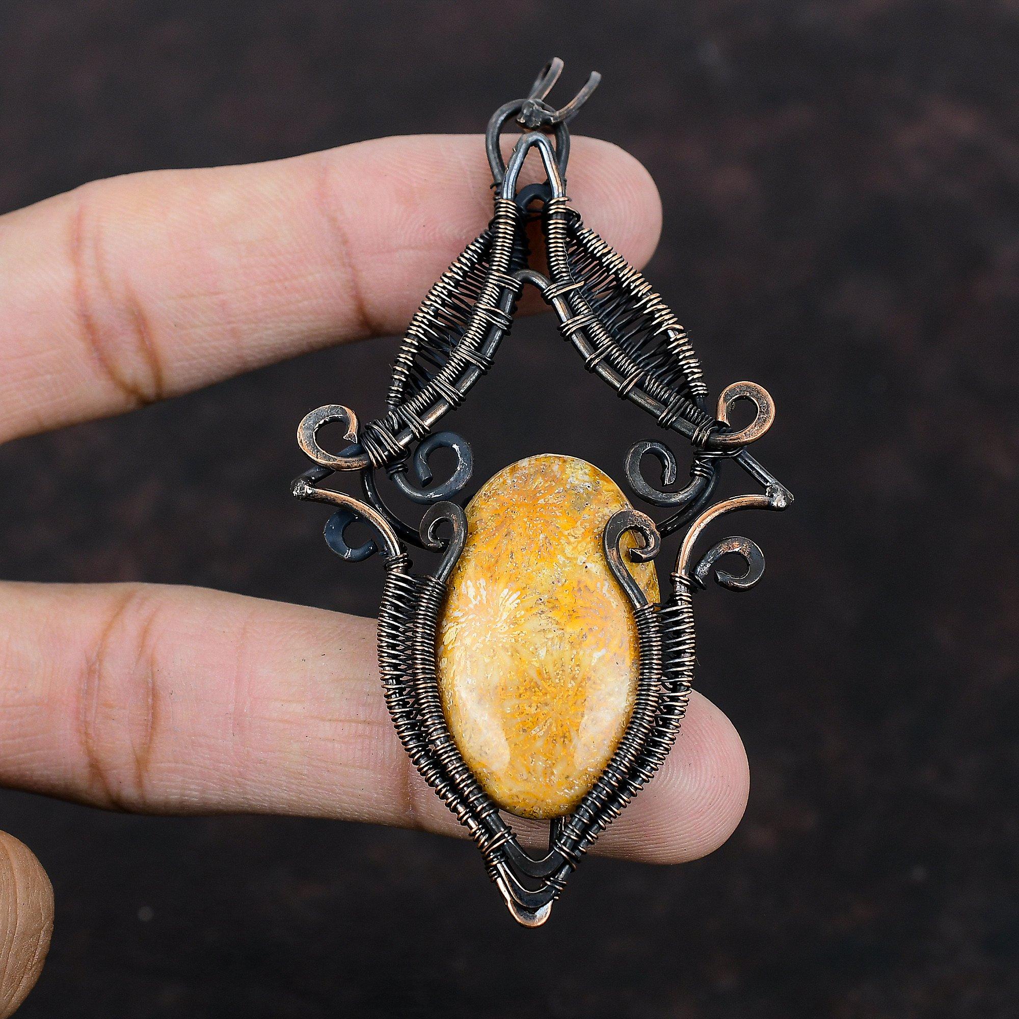 Fossil Coral Pendant Copper Wire Wrapped Gemstone Jewelry Handmade Ethnic Pendant Fossil Coral Jewelry Copper Wire Wrap Pendant Wedding Gift