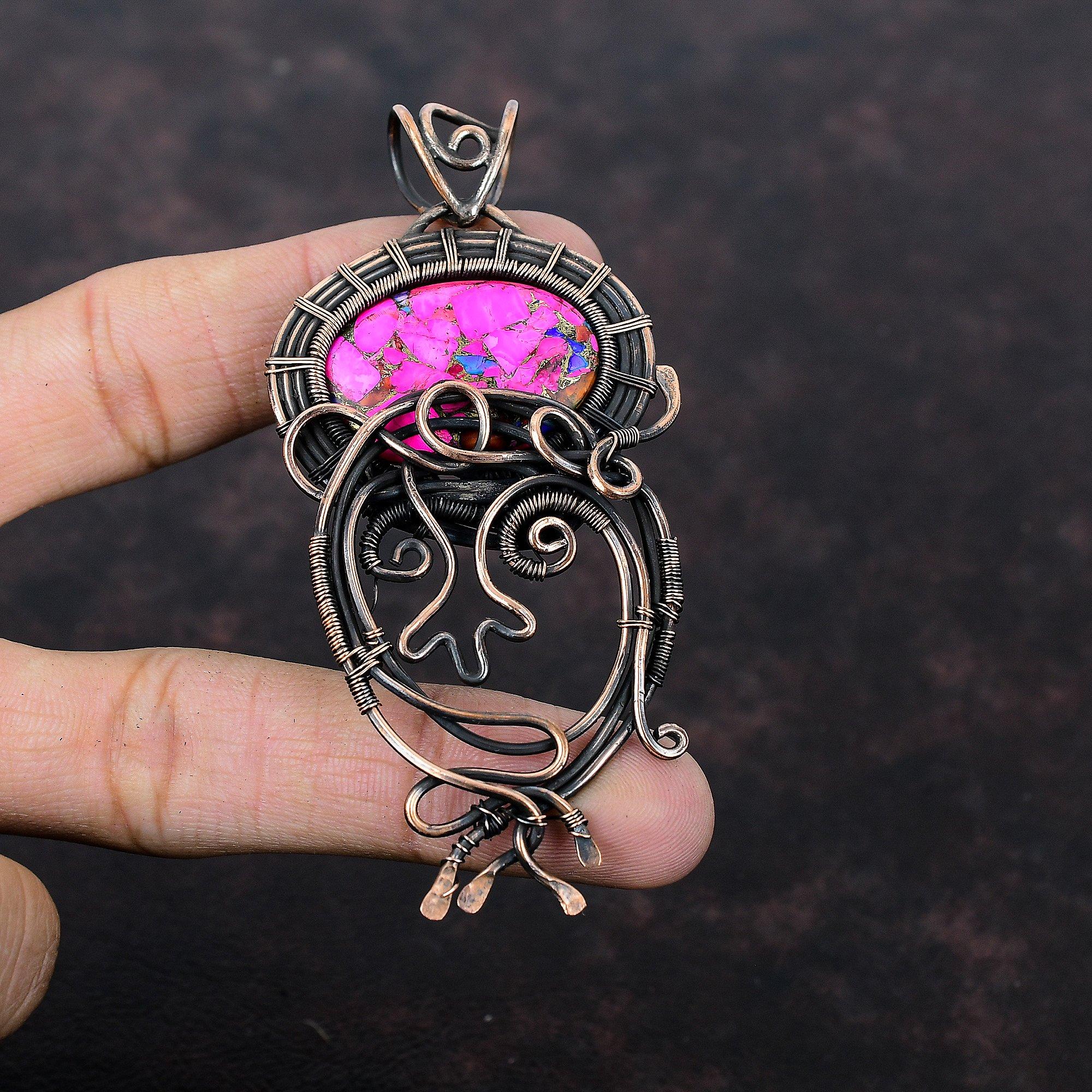 Natural Kingman Pink Dahlia Turquoise Pendant Copper Wire Wrapped Jewelry Handmade Gemstone Pendant Copper Pendant Gift For Mom Wire Pendant