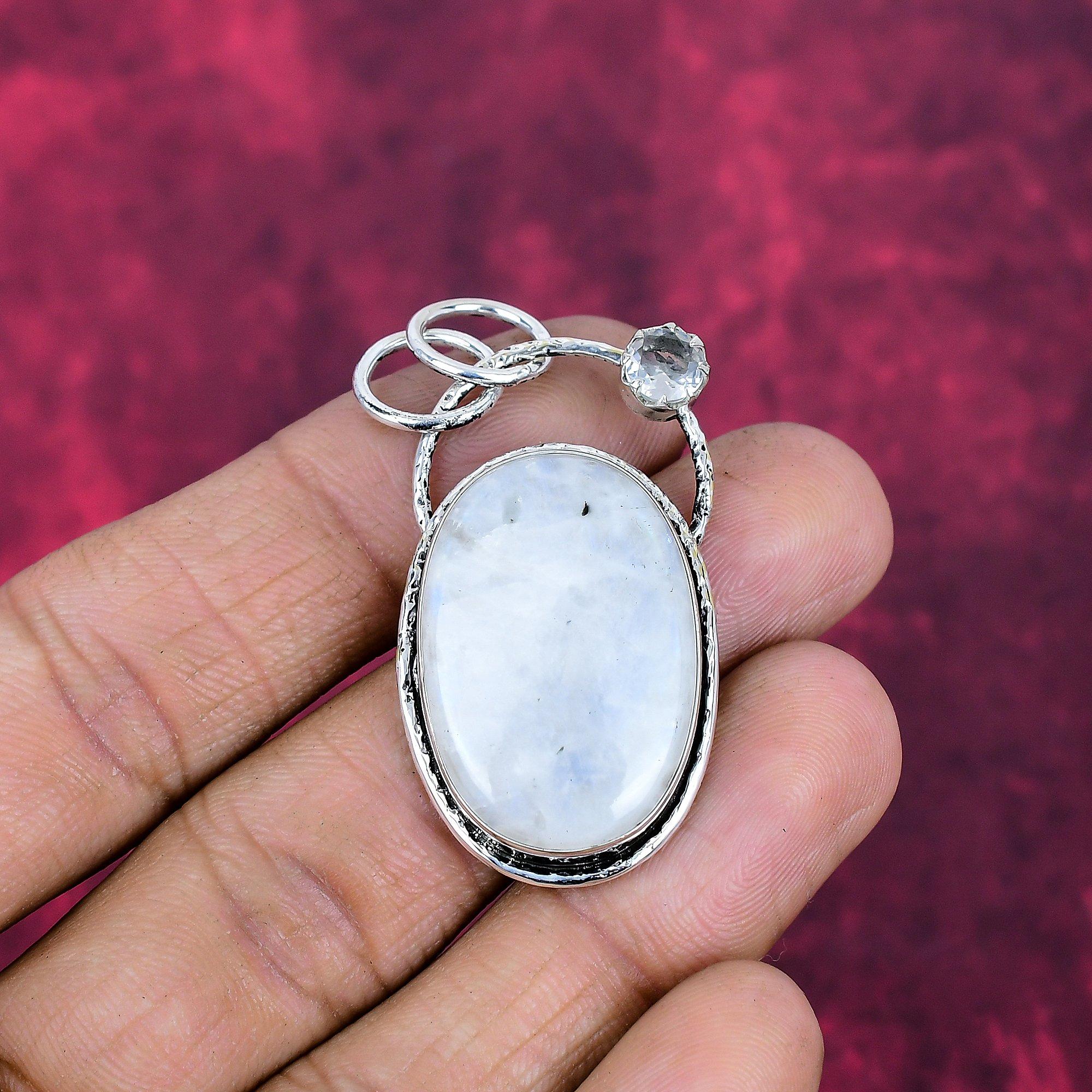 Regenbogenmondstein & Weißtopas Schmuck, 925 Massiv Sterlingsilber Anhänger Schmuck, Handgefertigter Anhänger Edelstein Schmuck für Frauen