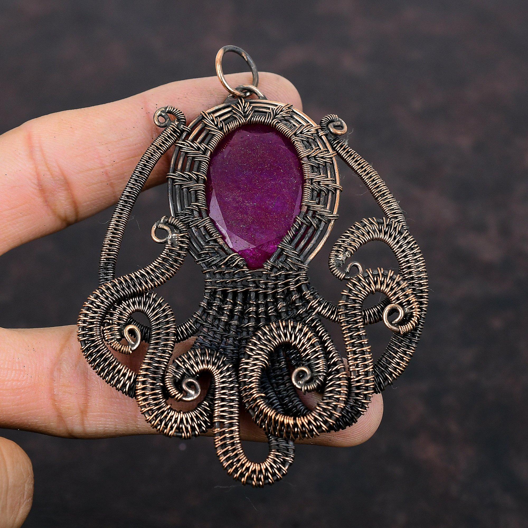 Faceted Kashmir Ruby Pendant Copper Wire Wrapped Pendant Handmade Octopus Pendant Genuine Gemstone Pendant Gift For Her Copper Wire Jewelry