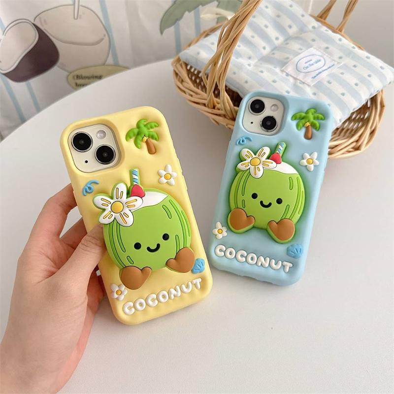 3D Милый держатель в виде кокосовой пальмы Чехол для телефона для iPhone 16 15 14 13 12 Pro Max Мягкая силиконовая крышка
