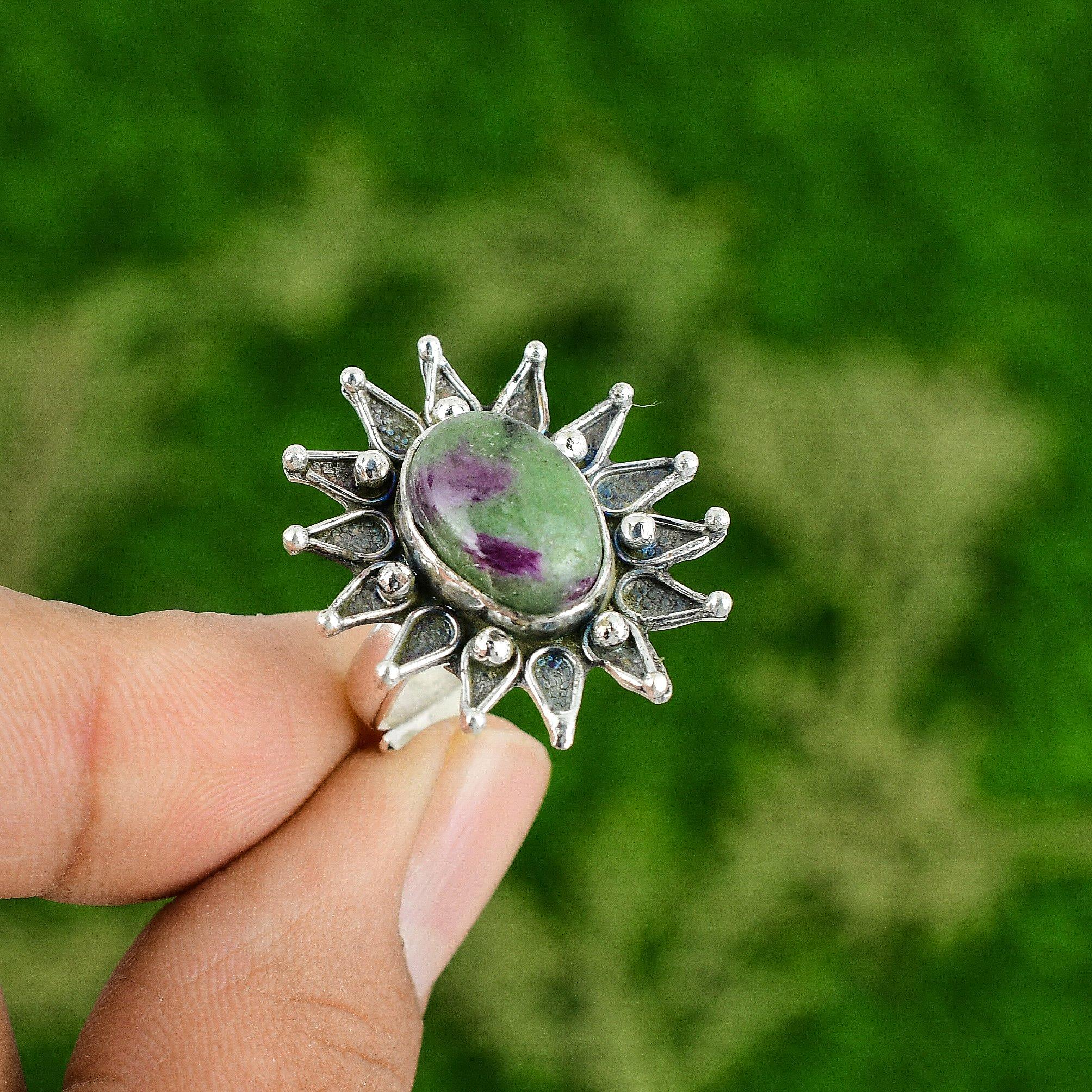 Sterling Silver Oval Natural Ruby Zoisite Stackable Bezel Flower Ring Jewelry