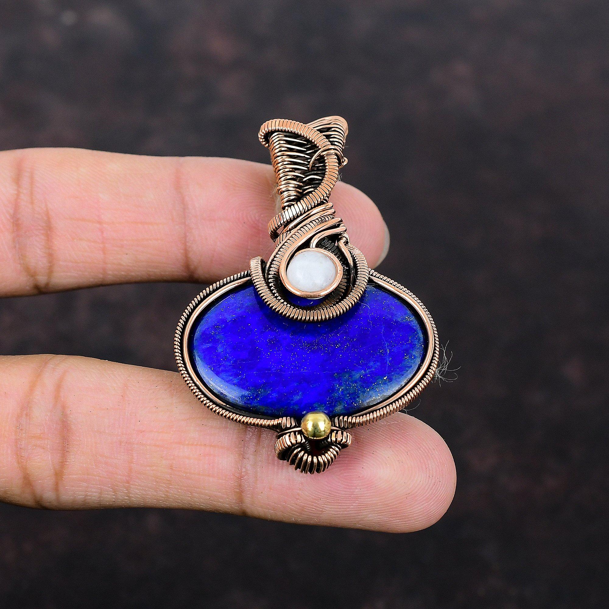 Lapis Lazuli Gemstone Pendant Copper Wire Wrapped Pendant Rainbow Moonstone Jewelry Handmade Pendant Copper Wire Wrap Jewelry Gift For Him