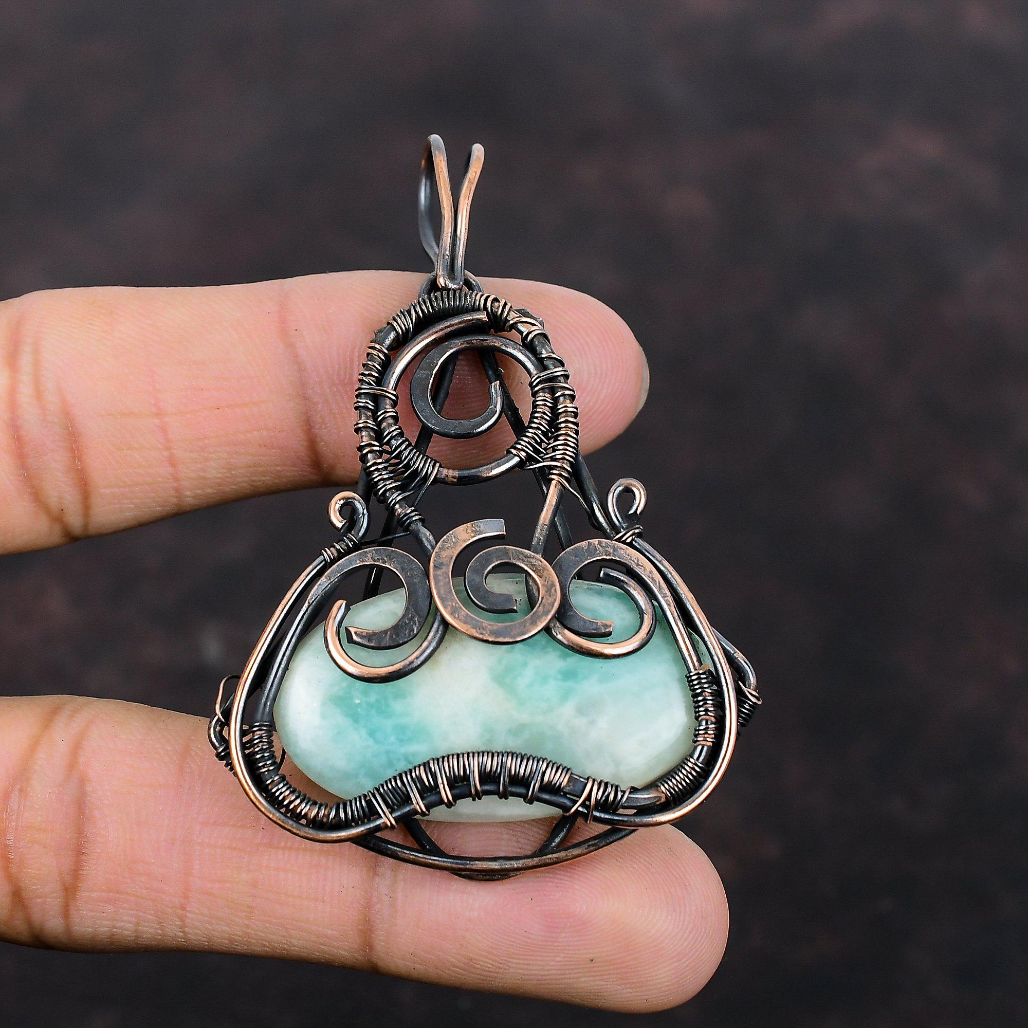 Pandantiv cu amazonit, sârmă de cupru înfășurată în piatră prețioasă, pandantiv elegant, bijuterii din sârmă de cupru, pandantiv lucrat manual, cadou pentru mama, bijuterii cu amazonit
