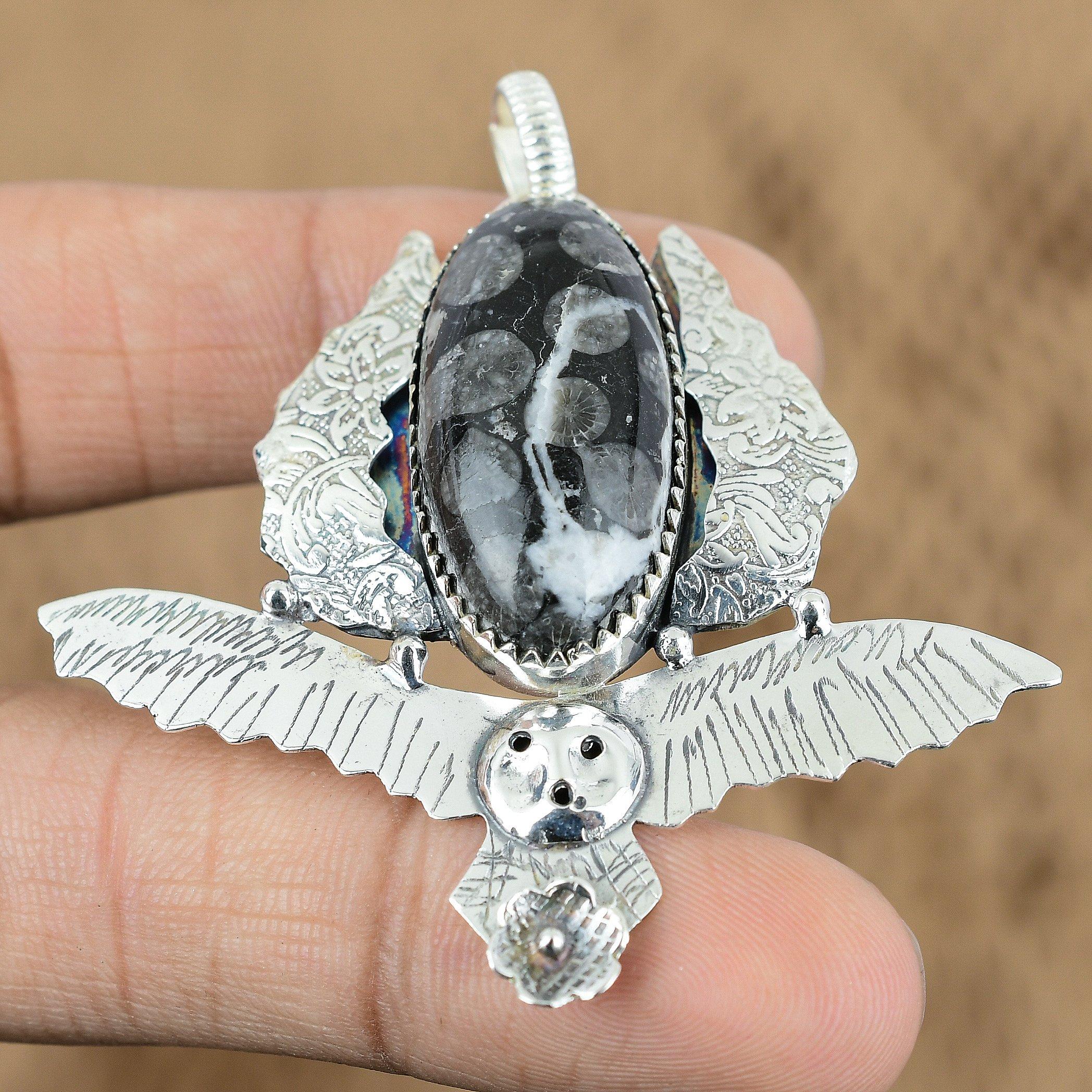 Birthday Gift For Her Natural Black Fossil Coral Gemstone Pendant Owl 925 Silver