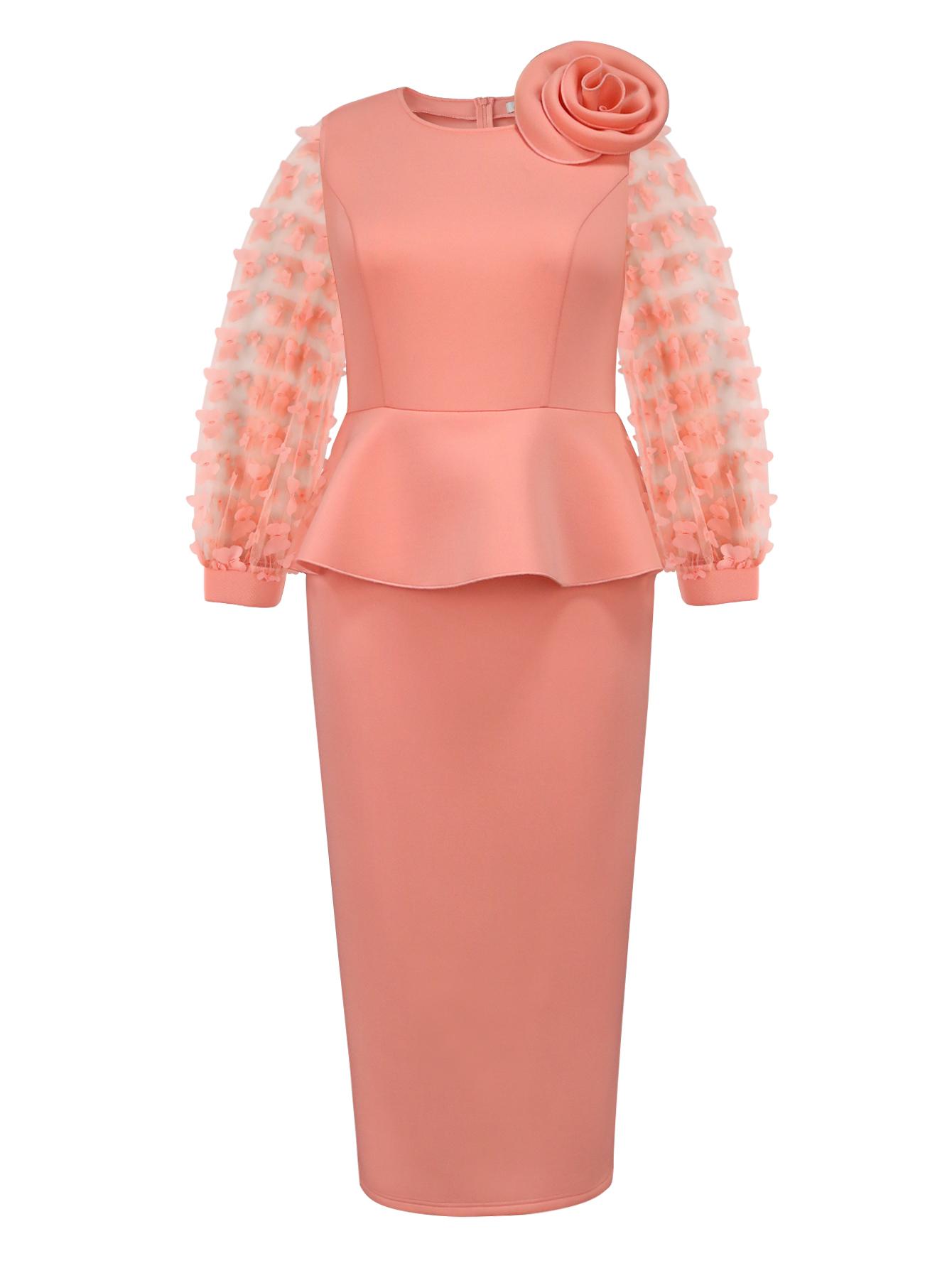 Elegant Package Hip Dress O Neck 3D Flower Patchwork Floral Mesh Puff Sleeve Peplum Church Event Party Stylish Evening Occasions
