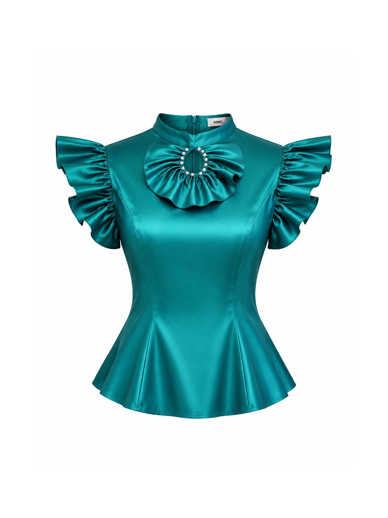 AOMEI Women Plus Size Satin Blouse Ruffles Short Sleeve Slim Fit Mock Neck Hollow Out Party Tops