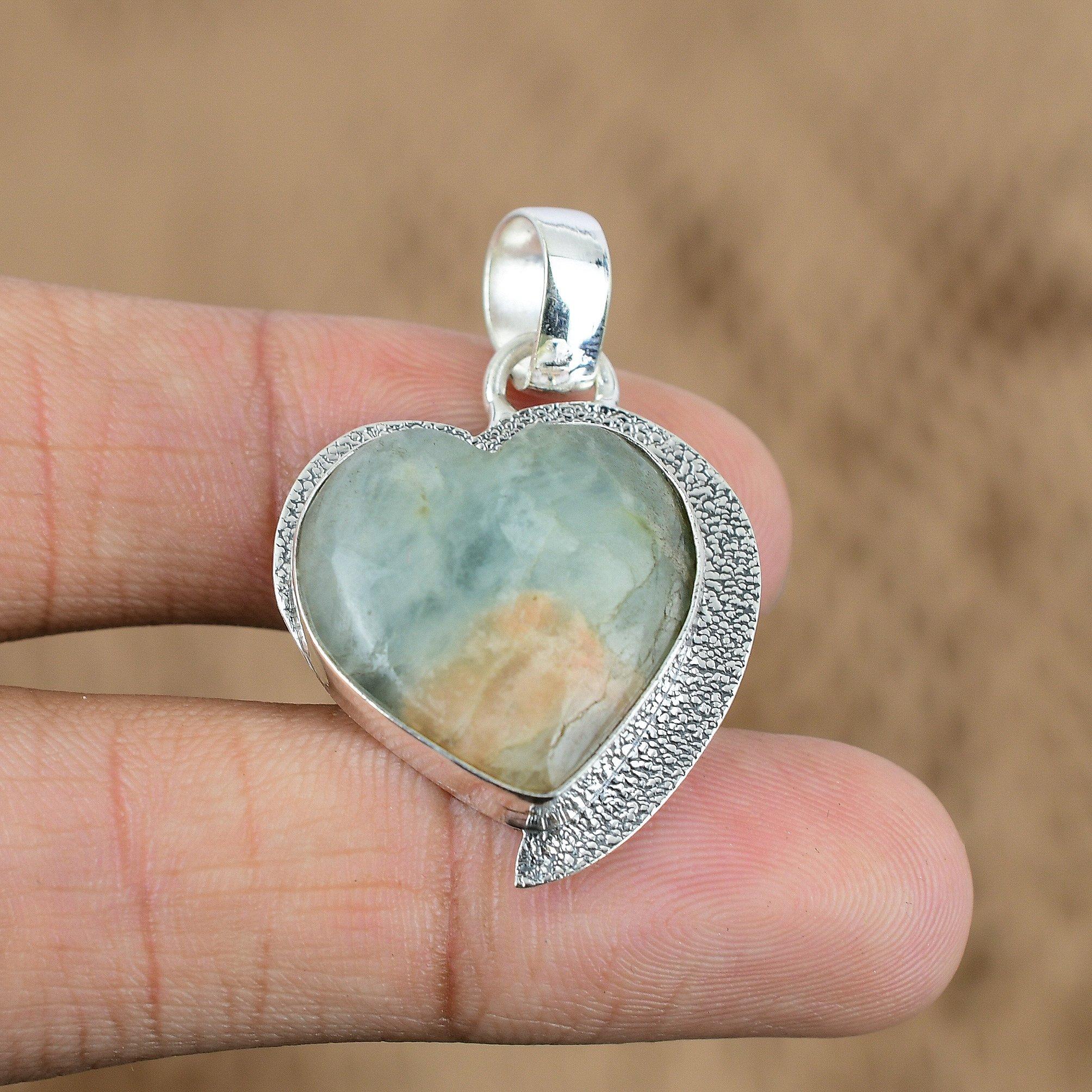 Anniversary Gift For Her Natural Aquateen Gemstone Pendant Heart 925 Silver