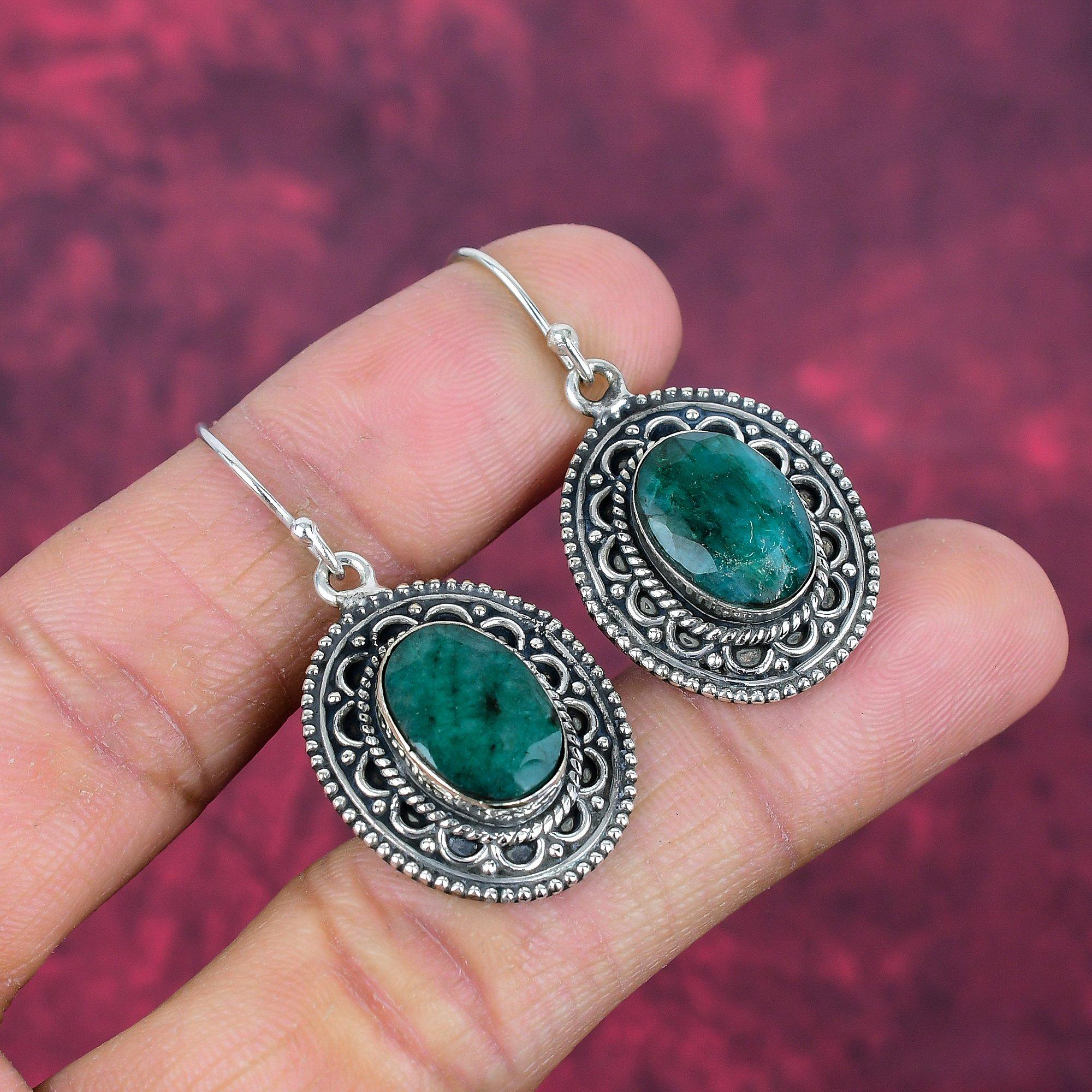 Cercei din argint 925 masiv cu smarald, bijuterii lucrate manual cu pietre prețioase, cadouri pentru soție, cercei noi