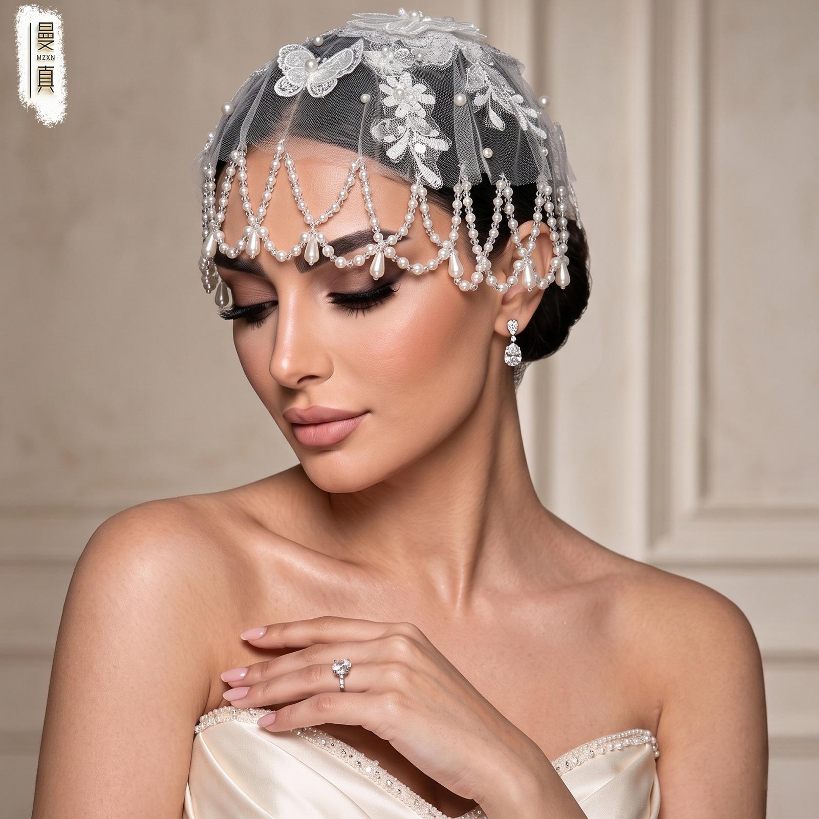 Vintage Lace Birdcage Wedding Veil, Pearl Tassel Bridal Cap Veil, Butterfly Floral Lace Beaded Headpiece for Bride