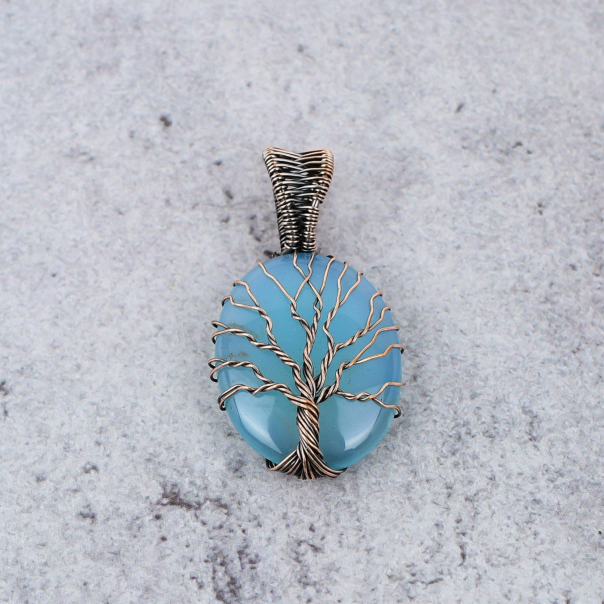 Blue Chalcedony 999 Copper Wire Wrapped Pendant, Handmade Gemstone Pendant Jewelry, Gifts For Wife Brand New Pendant