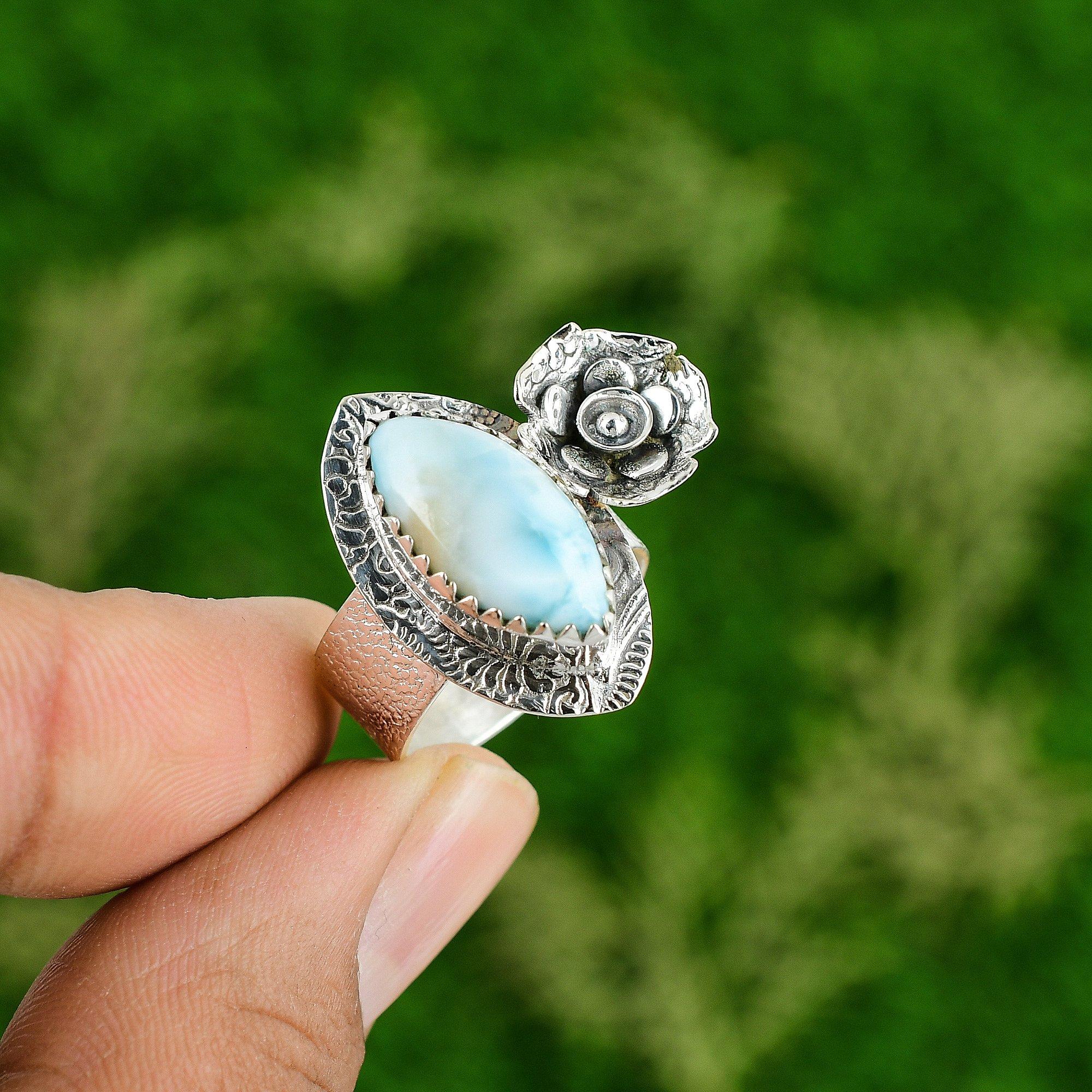 Natural Larimar Gemstone Promise Flower Ring Size 8 925 Silver For Women
