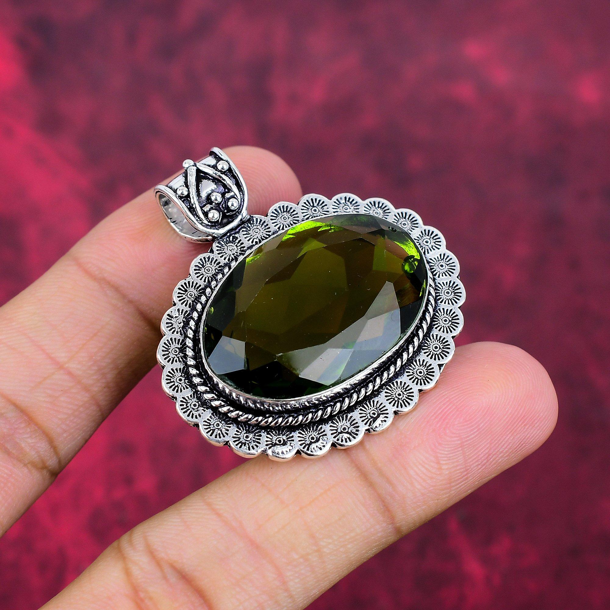 Pendentif Péridot Argent Sterling Massif 925, Bijou Pendentif Pierre Précieuse Fait Main, Cadeaux Pour Femme Pendentif Neuf