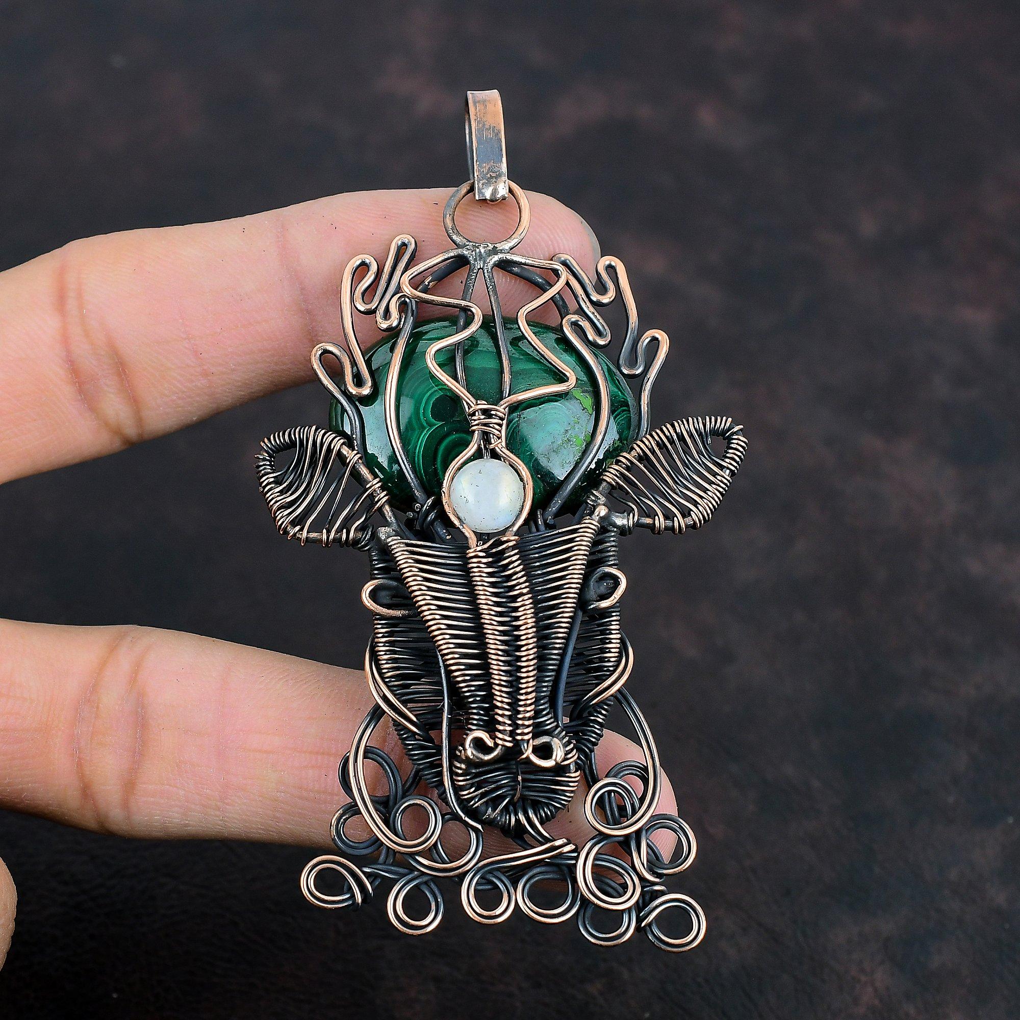 Malachite Pendant Copper Wire Wrapped Pendant Rainbow Moonstone Pendant Handmade Jewelry Deer Face Pendant Gemstone Pendant Gifts For Friend