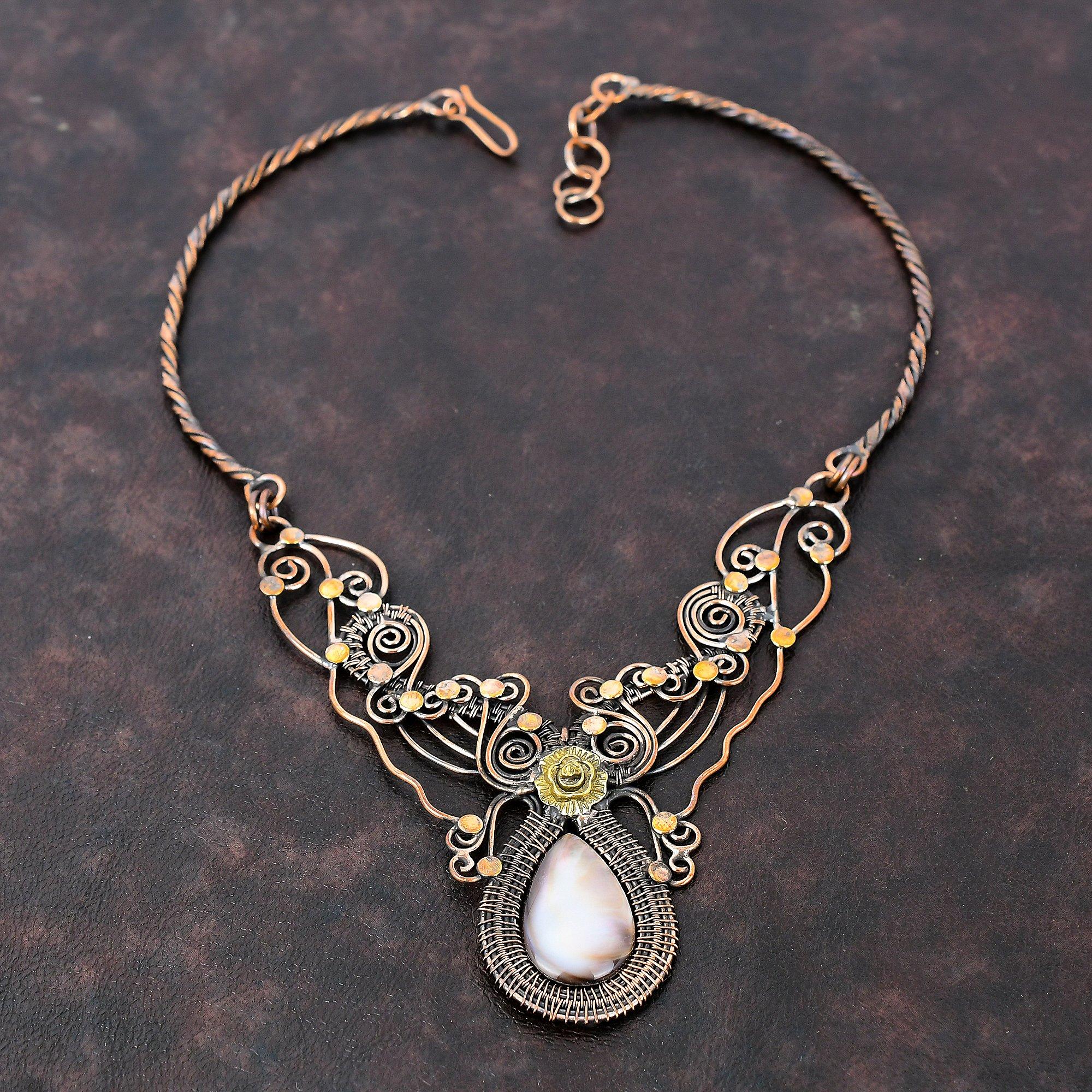 Mother Of Pearl Necklace Copper Wire Wrapped Gemstone Necklace Adjustable Necklace Handmade Unique Necklace Copper Wire Jewelry Gift For Mom