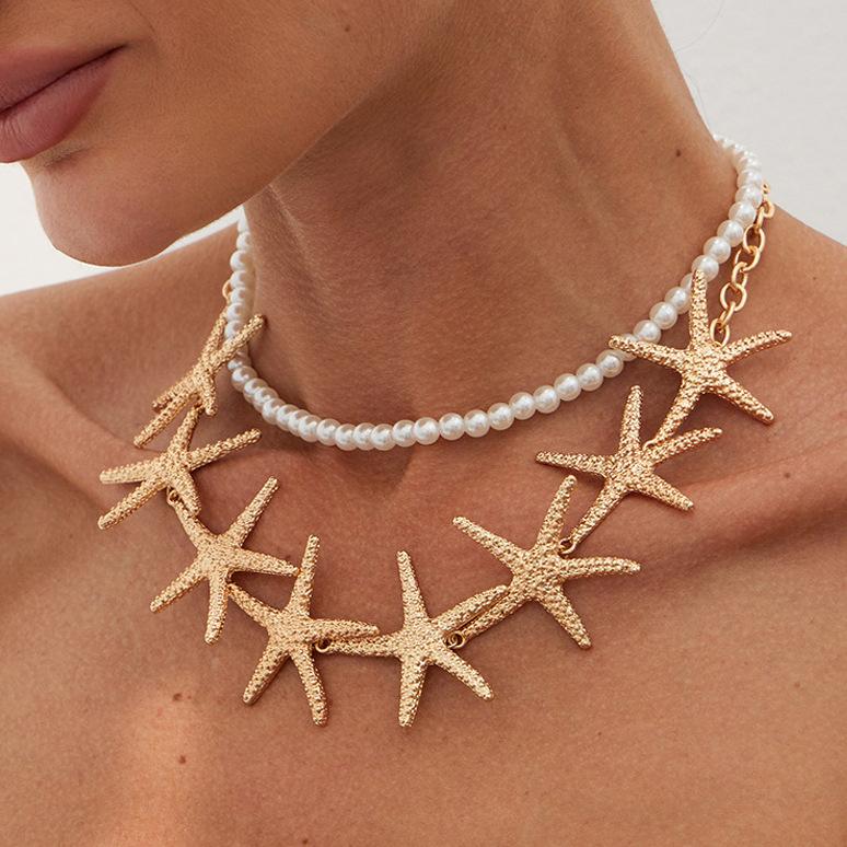 2Pcs/Set Boho Starfish Pendant Choker Necklace for Women Vintage Imitation Pearl Chain Summer Ocean Jewelry