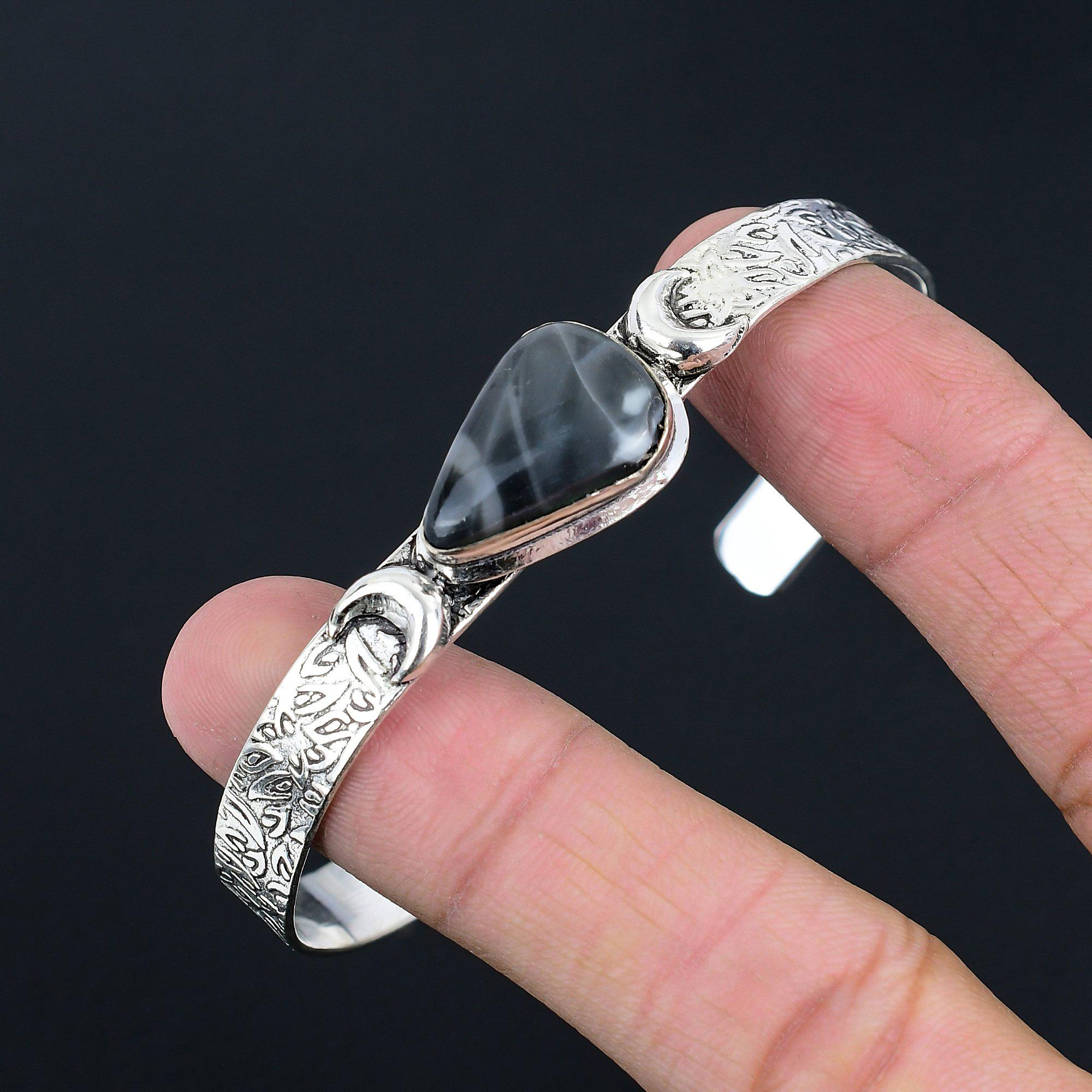 Daughters Day Deal 925 Sterling Silver Fume Agate Stone Crescent Moon New Bangle