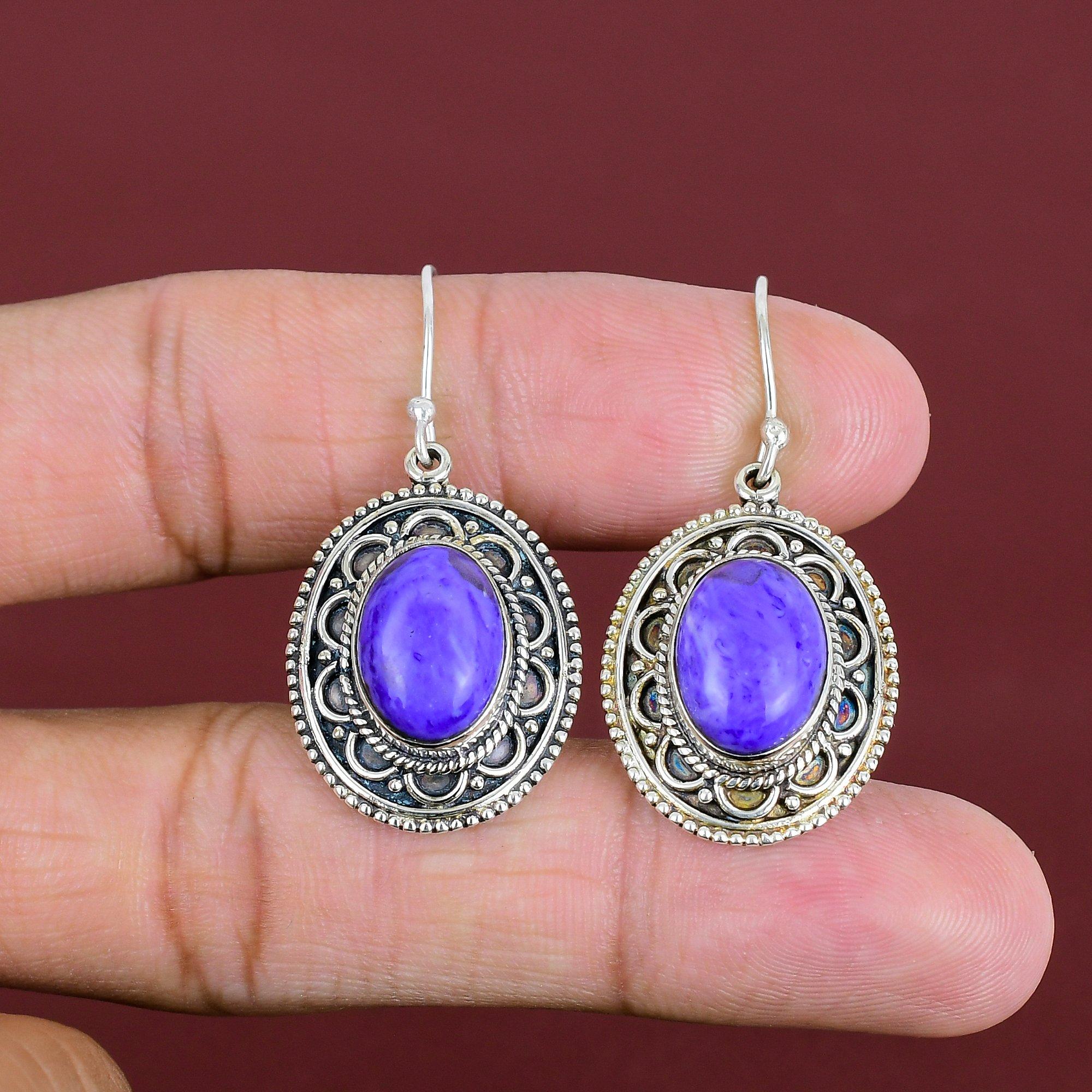 Charoite Earring Natural Gemstone Earrings Vintage Earring Latest Design Jewelry 925 Sterling Silver Earring Handmade Earring Gifts For Wife