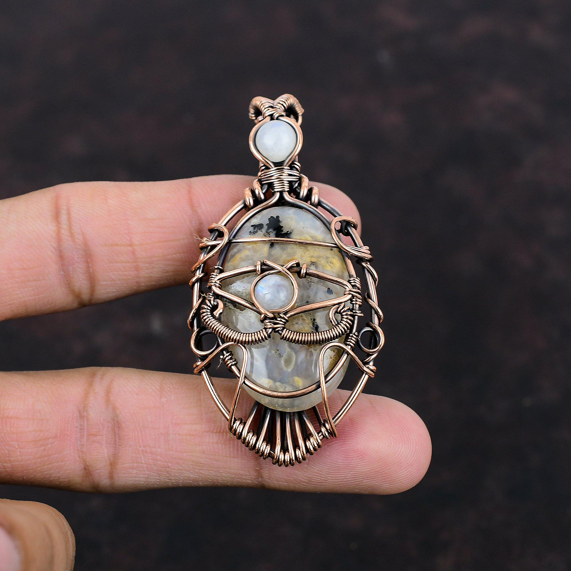 Evil Eye Plume Agate Pendant Copper Wire Wrapped Pendant Rainbow Moonstone Pendant Unique Evil Eye Jewelry Handmade Pendant Gemstone Pendant