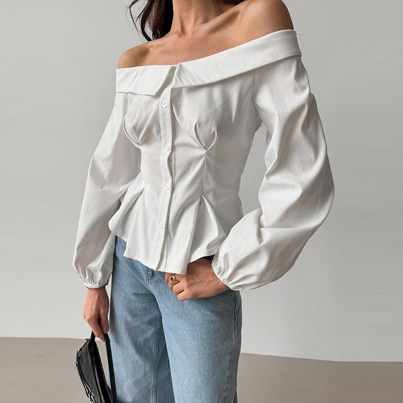 Sexy Off Shoulder Weißes Hemd Damen Slim Einfarbig Blusen Taille Cinched Langarm Top Elegante Bürodame Neue Mode Frühjahr/Sommer 2025