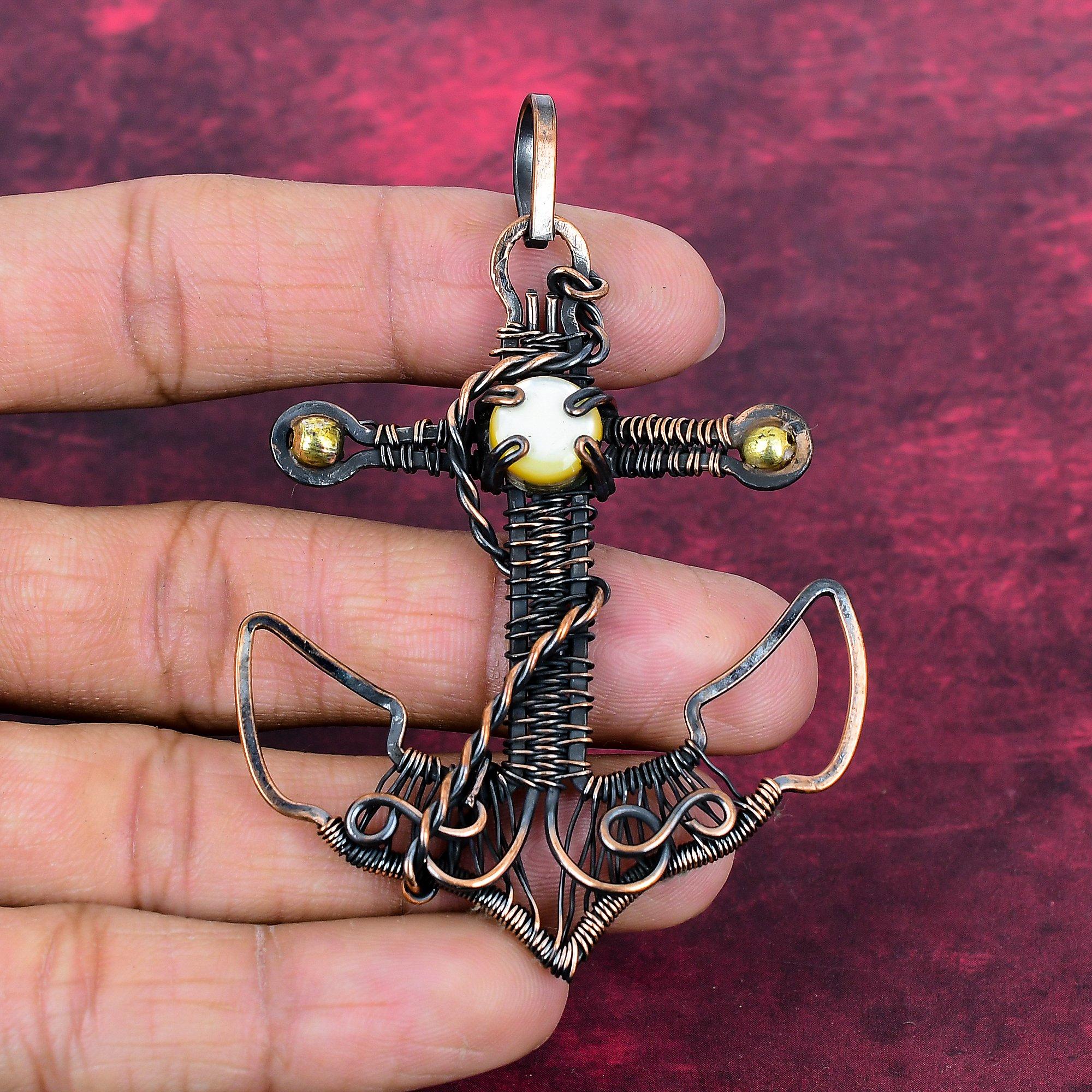 Mother Of Pearl Gemstone Pendant Copper Wire Wrapped Anchor Pendant Handmade Jewelry