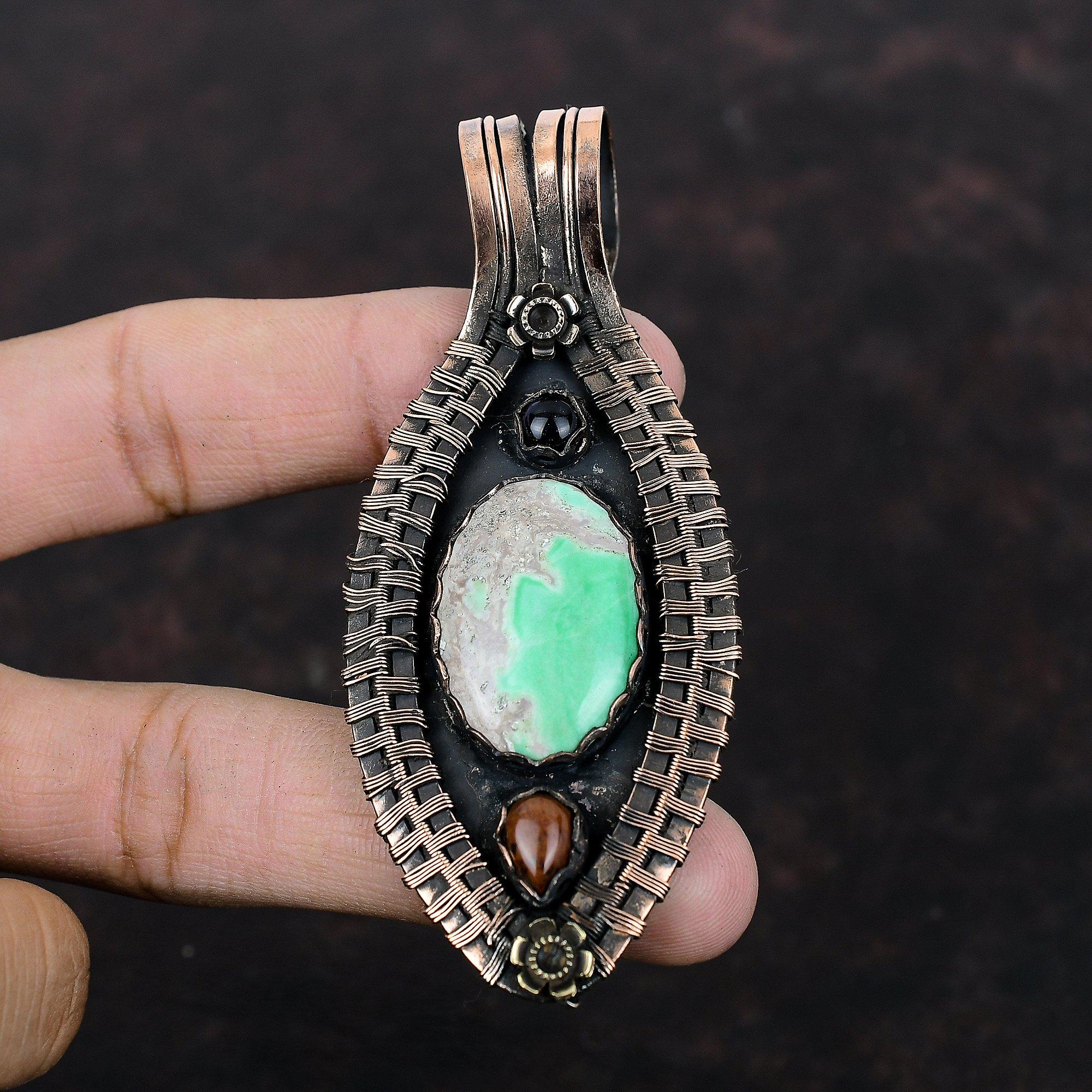 Variscite Pendant Copper Wire Wrapped Pendant Mahogany Obsidian & Blue Sunstone Pendant Very Pretty Copper Jewelry Handmade Gemstone Pendant